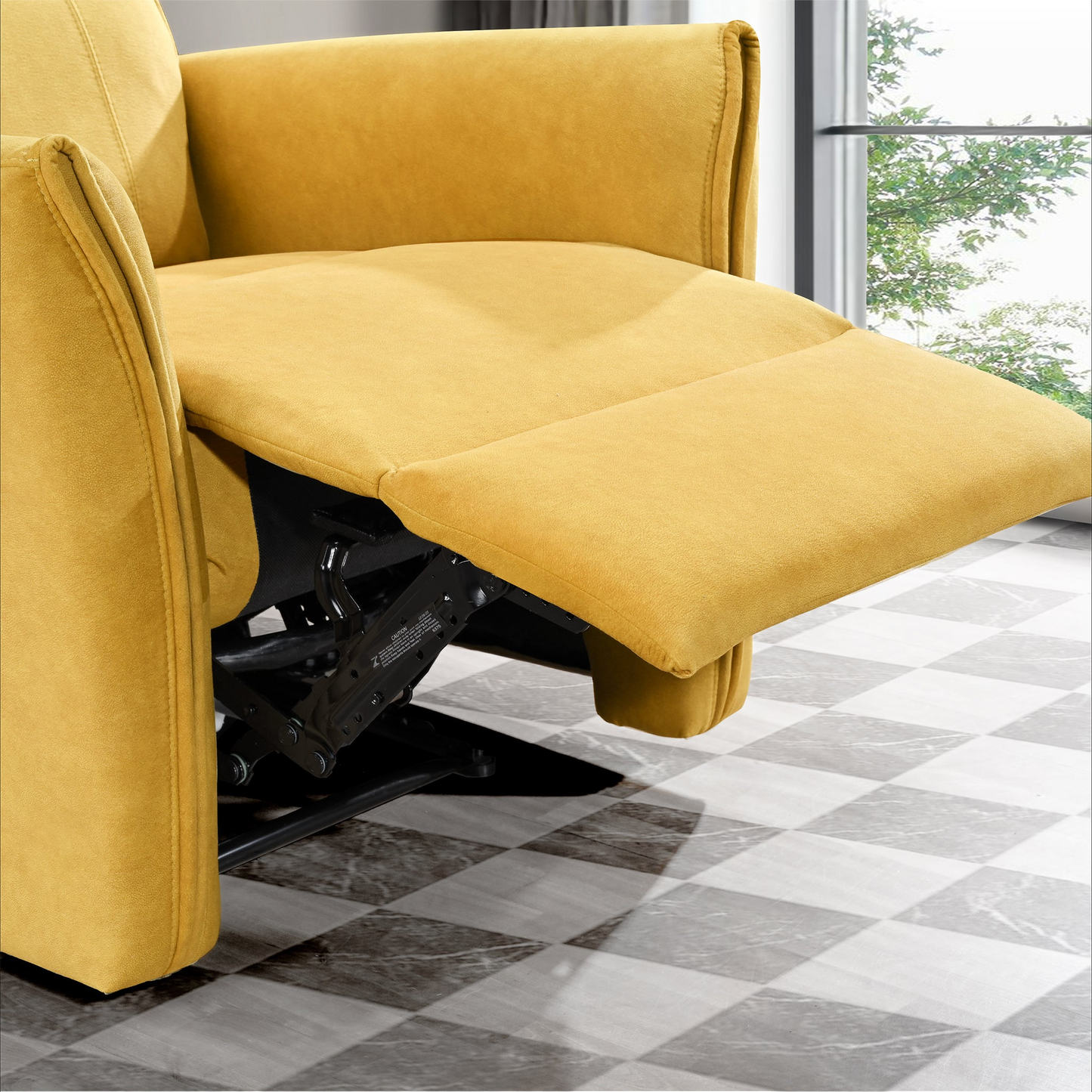 Yellow fabric recliner chair with extended footrest and visible metal mechanism