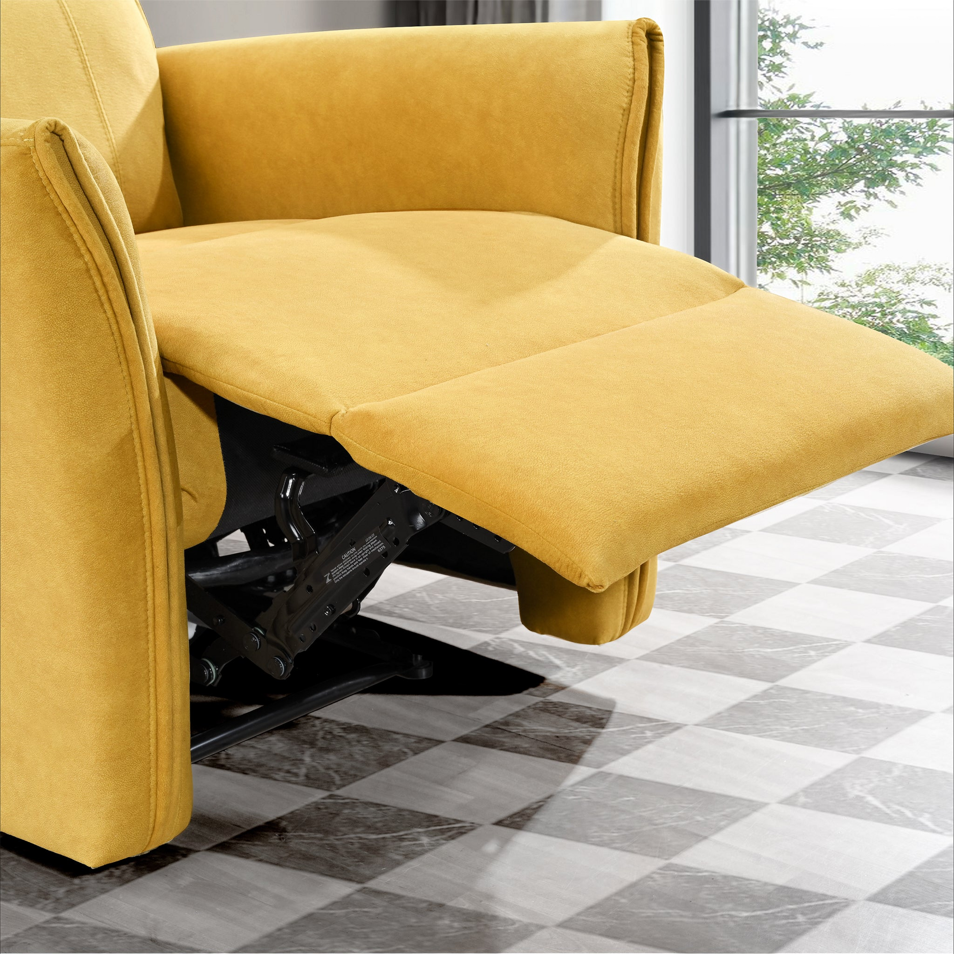 Yellow fabric recliner chair with extended footrest and visible metal mechanism