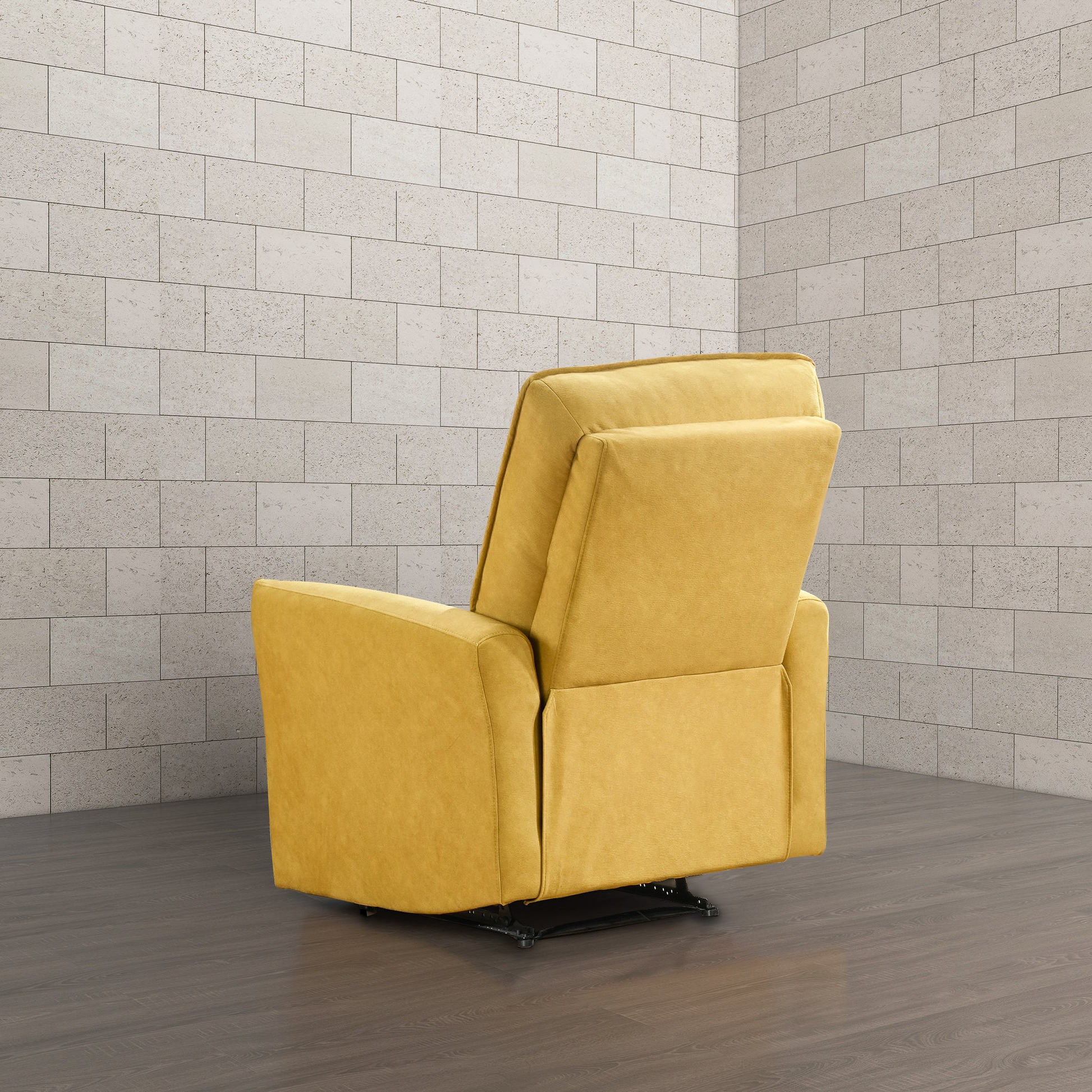 Plush yellow velvet armchair with recliner mechanism visible