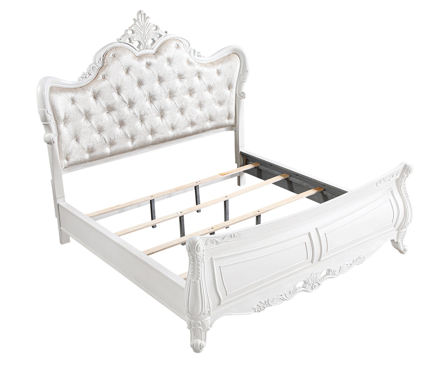White ornate upholstered bed frame with tufted headboard and decorative molding