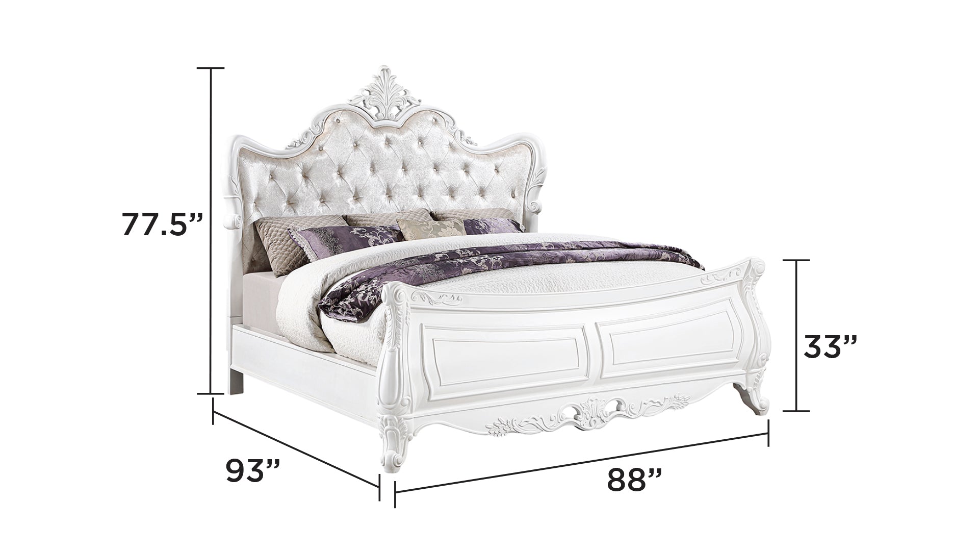 Elegant white sleigh bed with tufted velvet headboard perfect for a luxurious bedroom