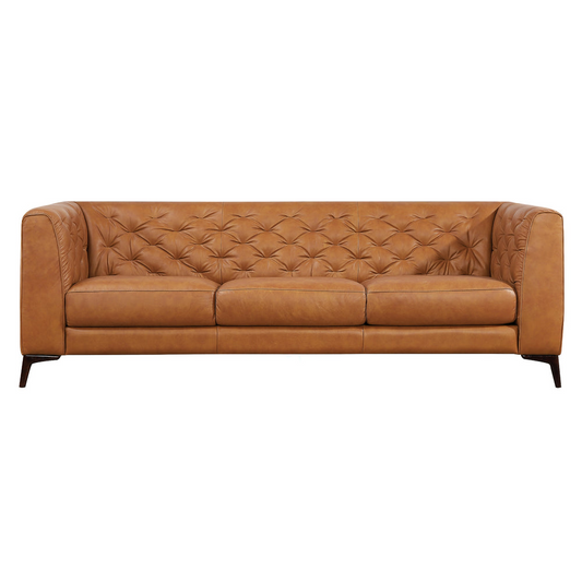 Tufted caramel leather threeseater sofa with diamond pattern back cushions and modern tapered legs