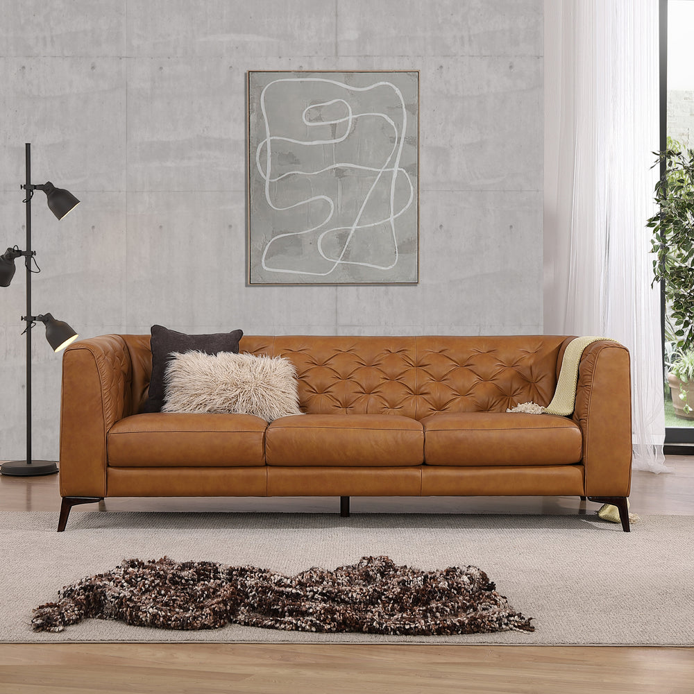 Tufted caramel leather seater sofa with elegant diamond stitching perfect for a modern living room