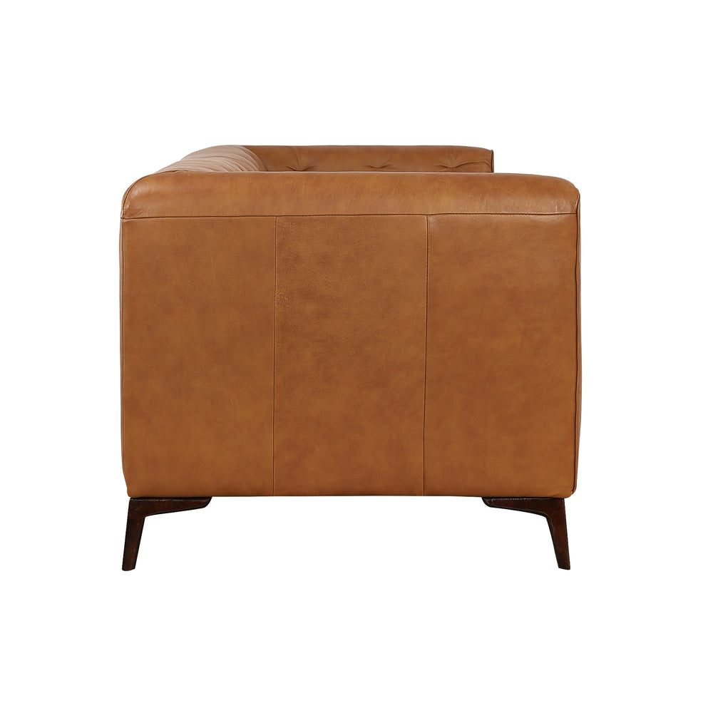 Tan leather tufted sofa midcentury modern design elegant living room furniture