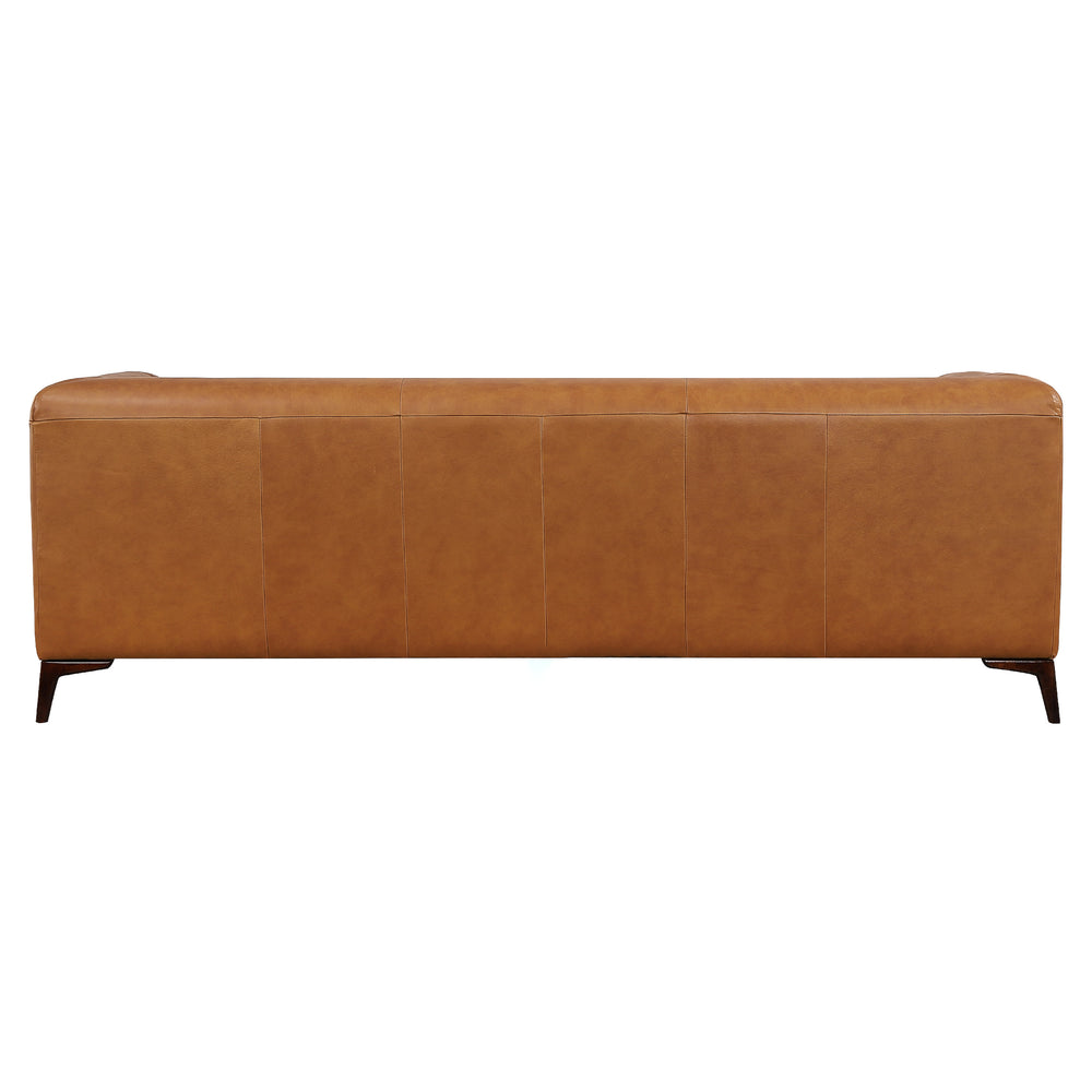Tan leather Chesterfield sofa view from back