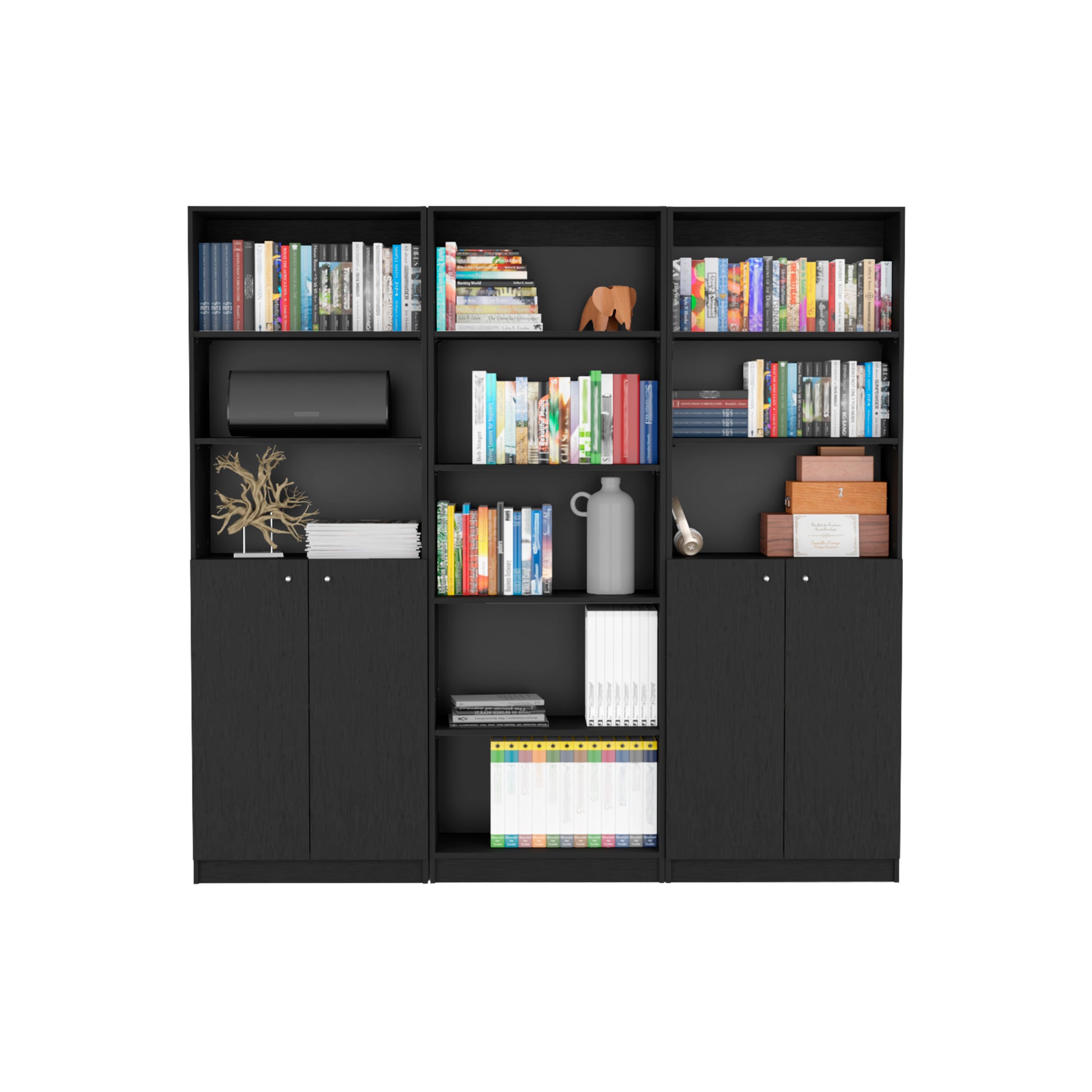 Black modern bookshelf with multiple shelves and cabinets perfect for home library