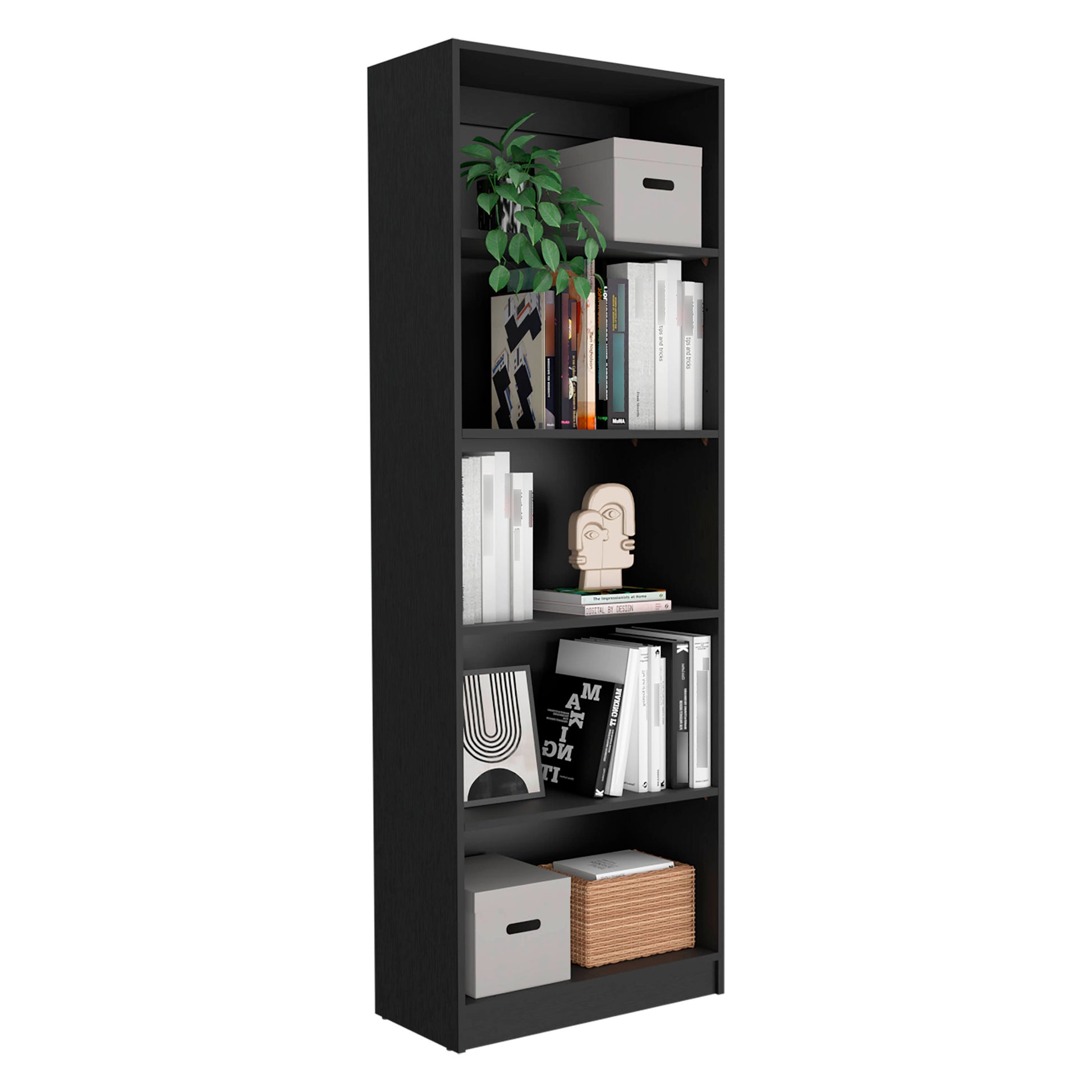 Black tall bookshelf with five shelves holding books plant and decorative boxes for home organization
