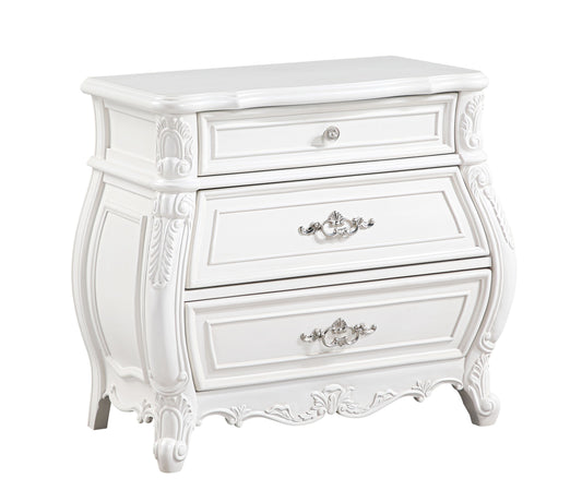 White ornate threedrawer nightstand with silver hardware classic bedroom furniture