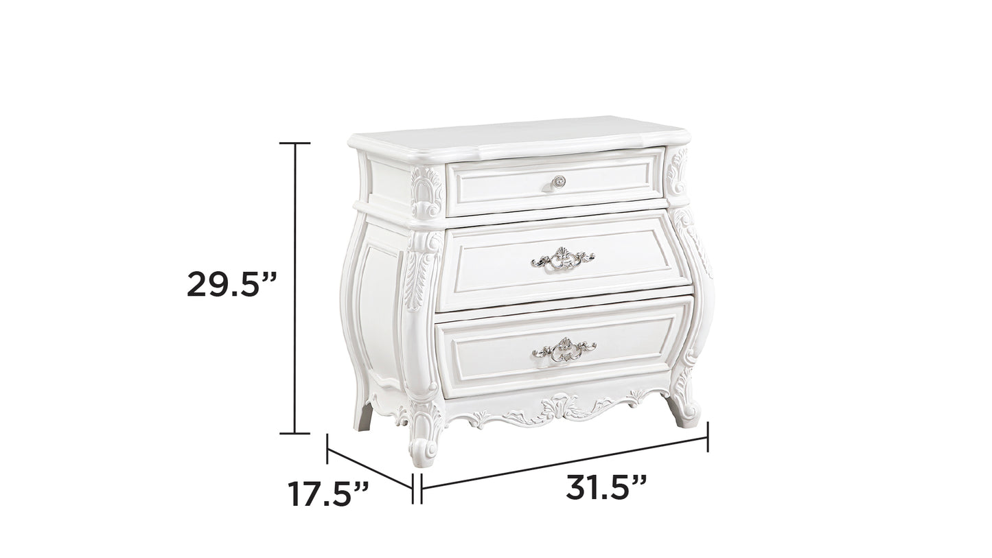 White ornate drawer dresser with silver hardware  W x  D x  H