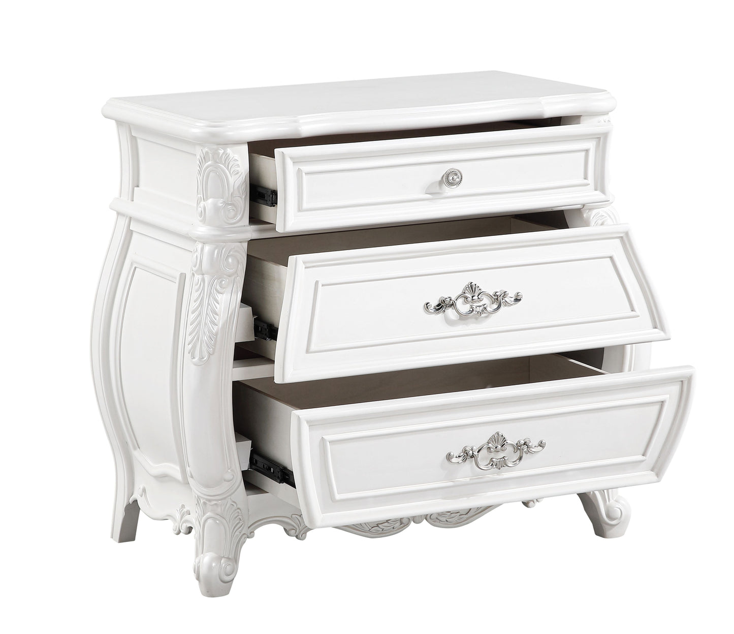 Elegant white ornate nightstand with three drawers and silver hardware