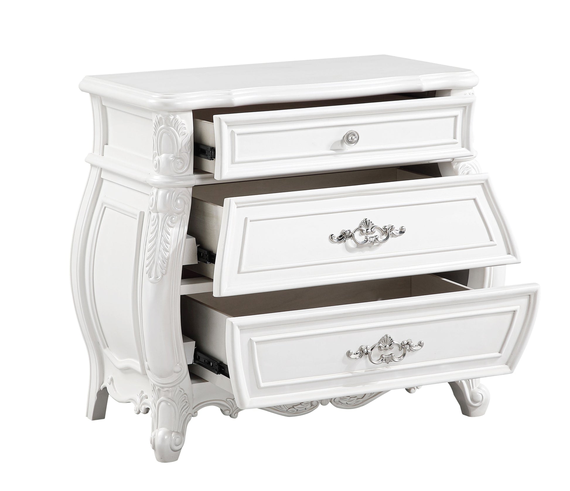 Elegant white ornate nightstand with three drawers and silver hardware