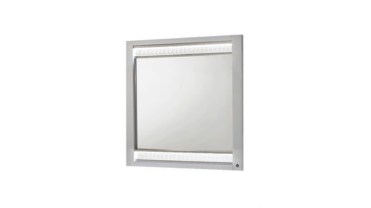 Silver framed bathroom mirror with textured LED lighting strip