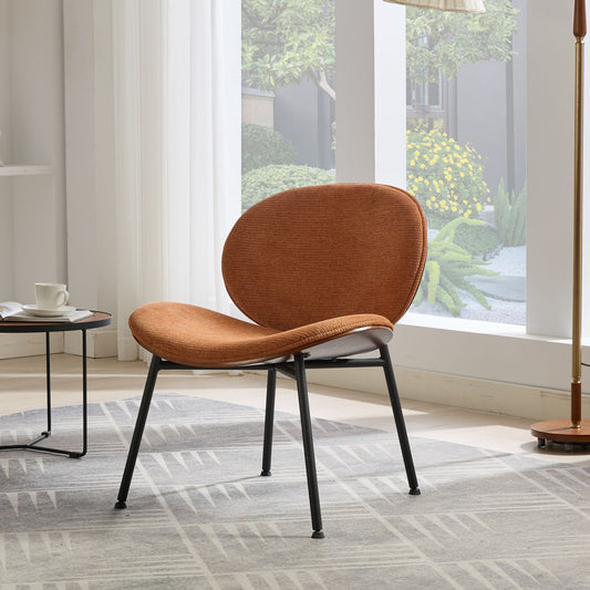 Orange upholstered accent chair with curved back and black metal legs