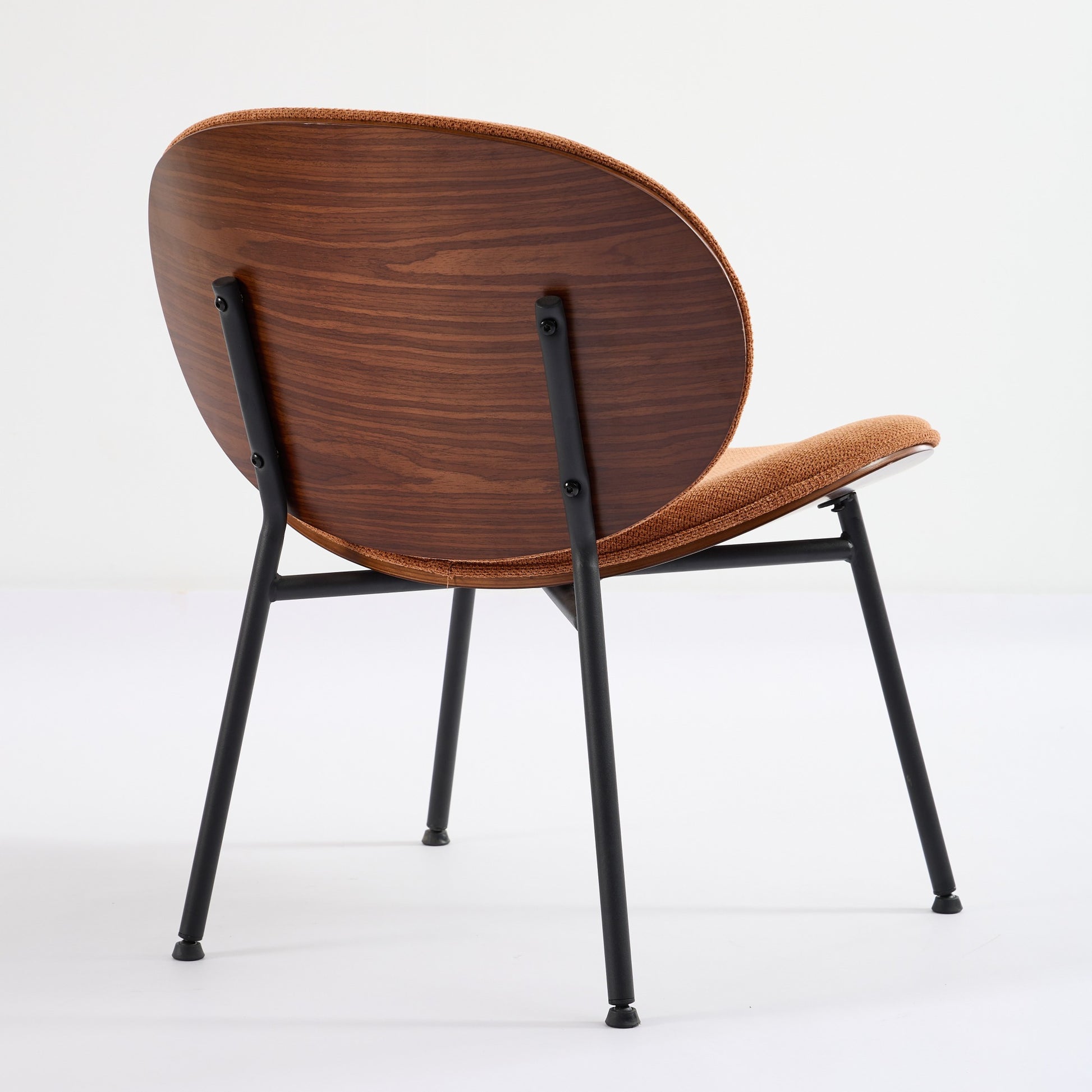 Midcentury modern chair with walnut veneer back and rust fabric seat