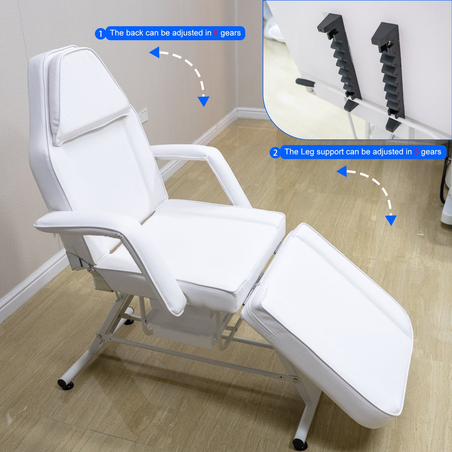 Adjustable white faux leather salon chair with reclining backrest and leg support