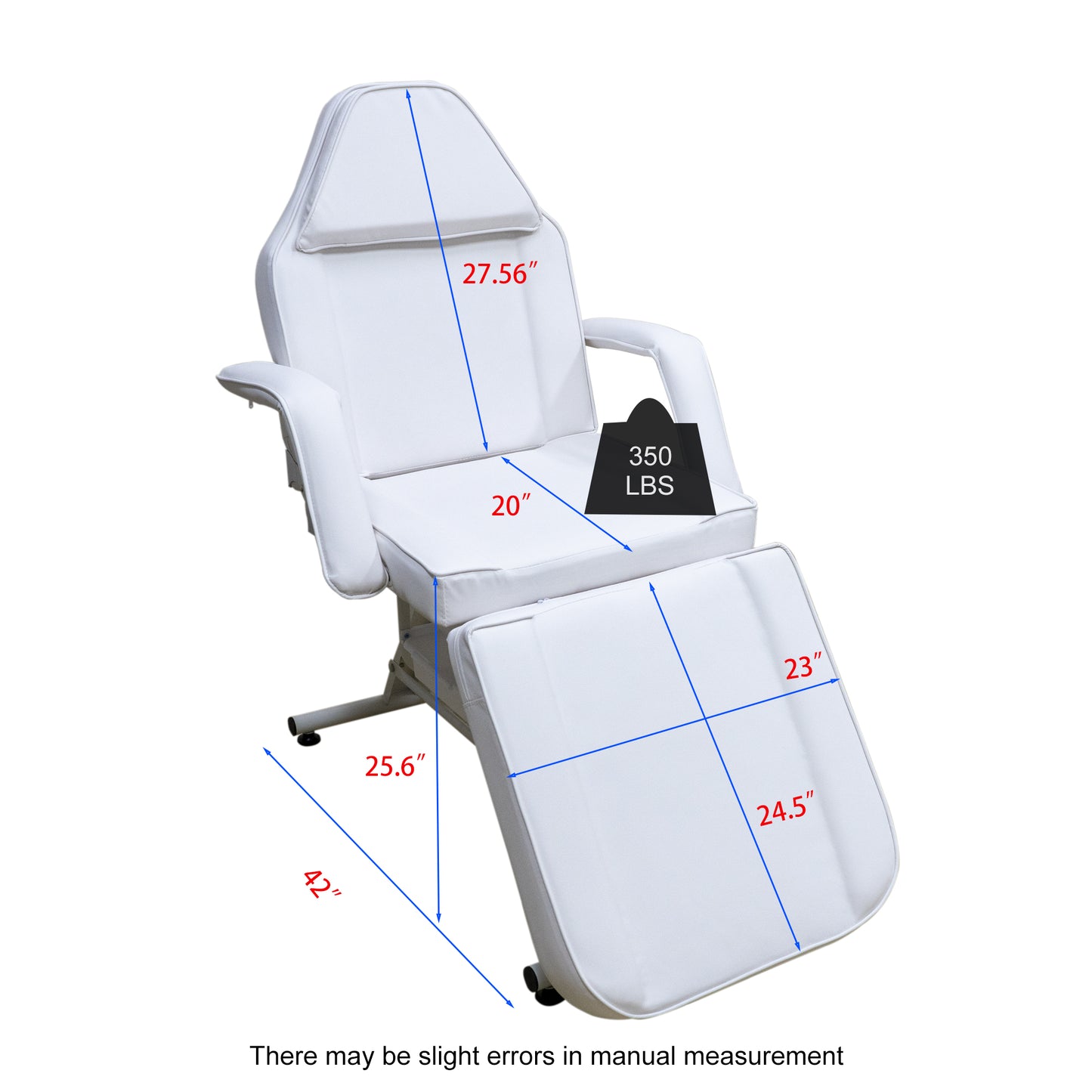 White adjustable facial chair with padded headrest armrests and footrest