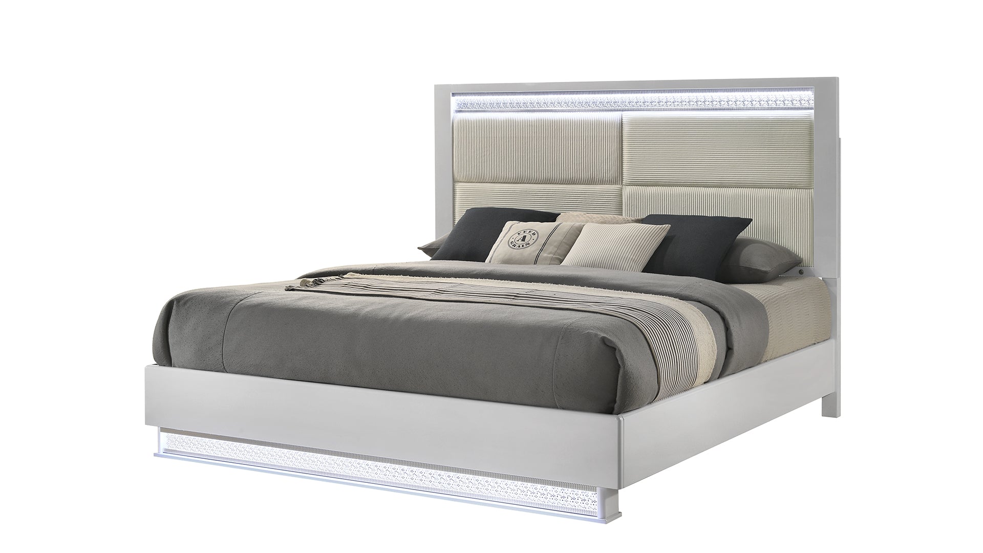 Modern white platform bed with LED lighting and upholstered headboard