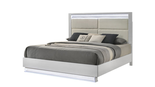 Modern white platform bed with LED lighting and upholstered headboard