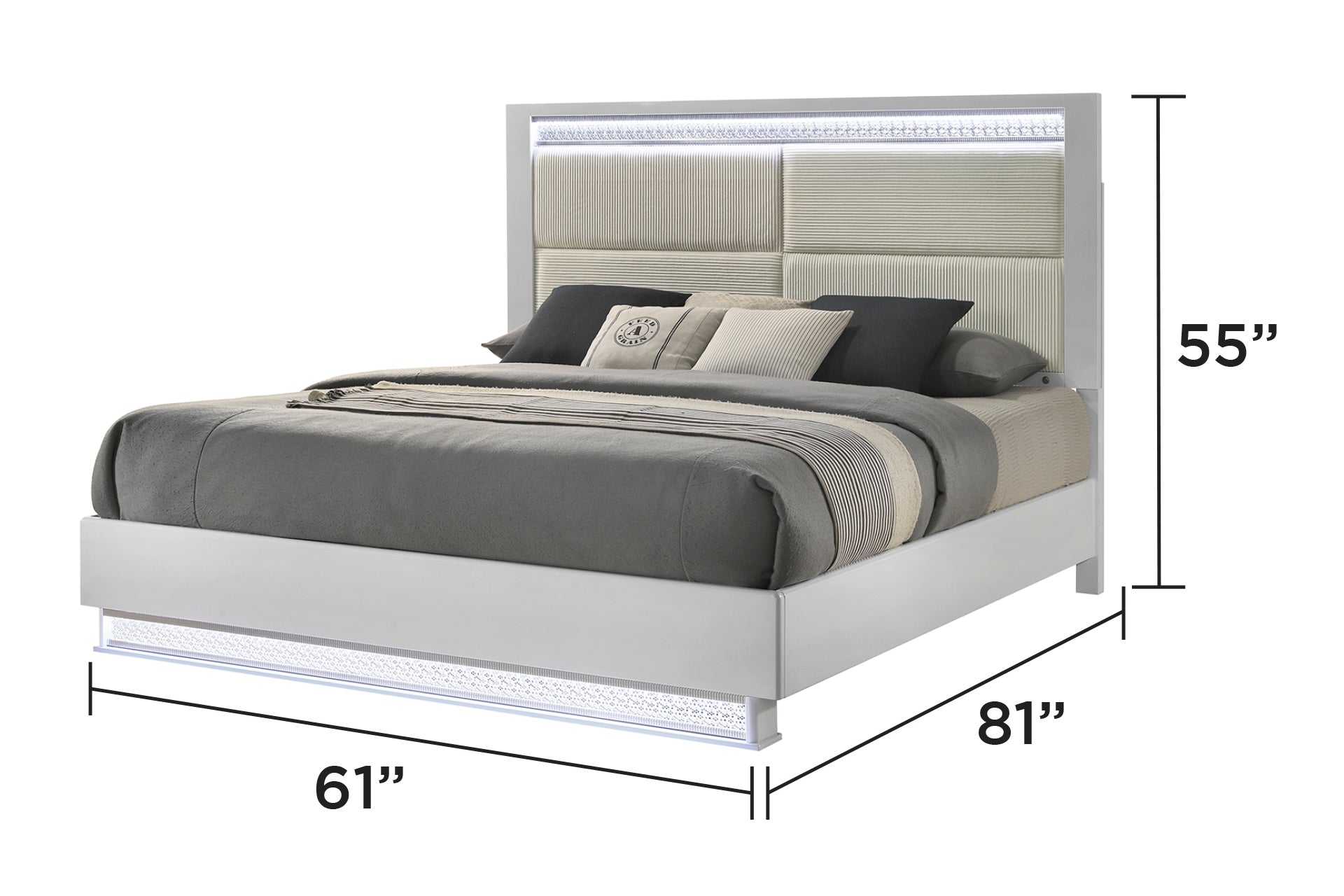 White upholstered bed frame with LED headboard featuring textured panels and ample mattress space