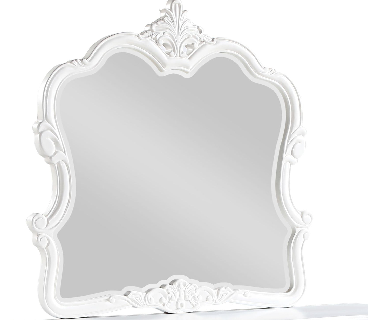 Ornate white ornate mirror with scrolling details and carved flourish
