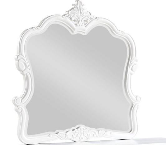 Ornate white ornate mirror with scrolling details and carved flourish