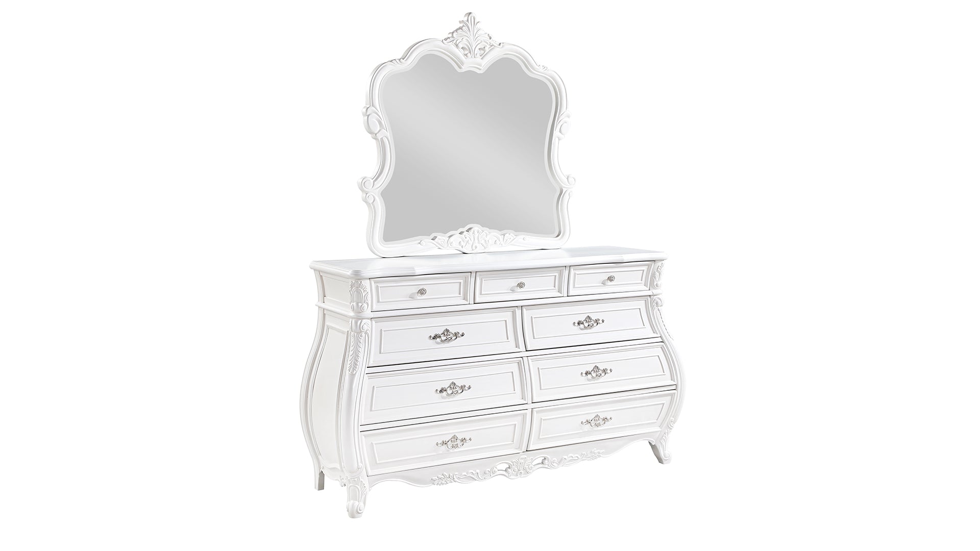 White ornate dresser with mirror featuring intricate carvings and seven drawers for bedroom storage