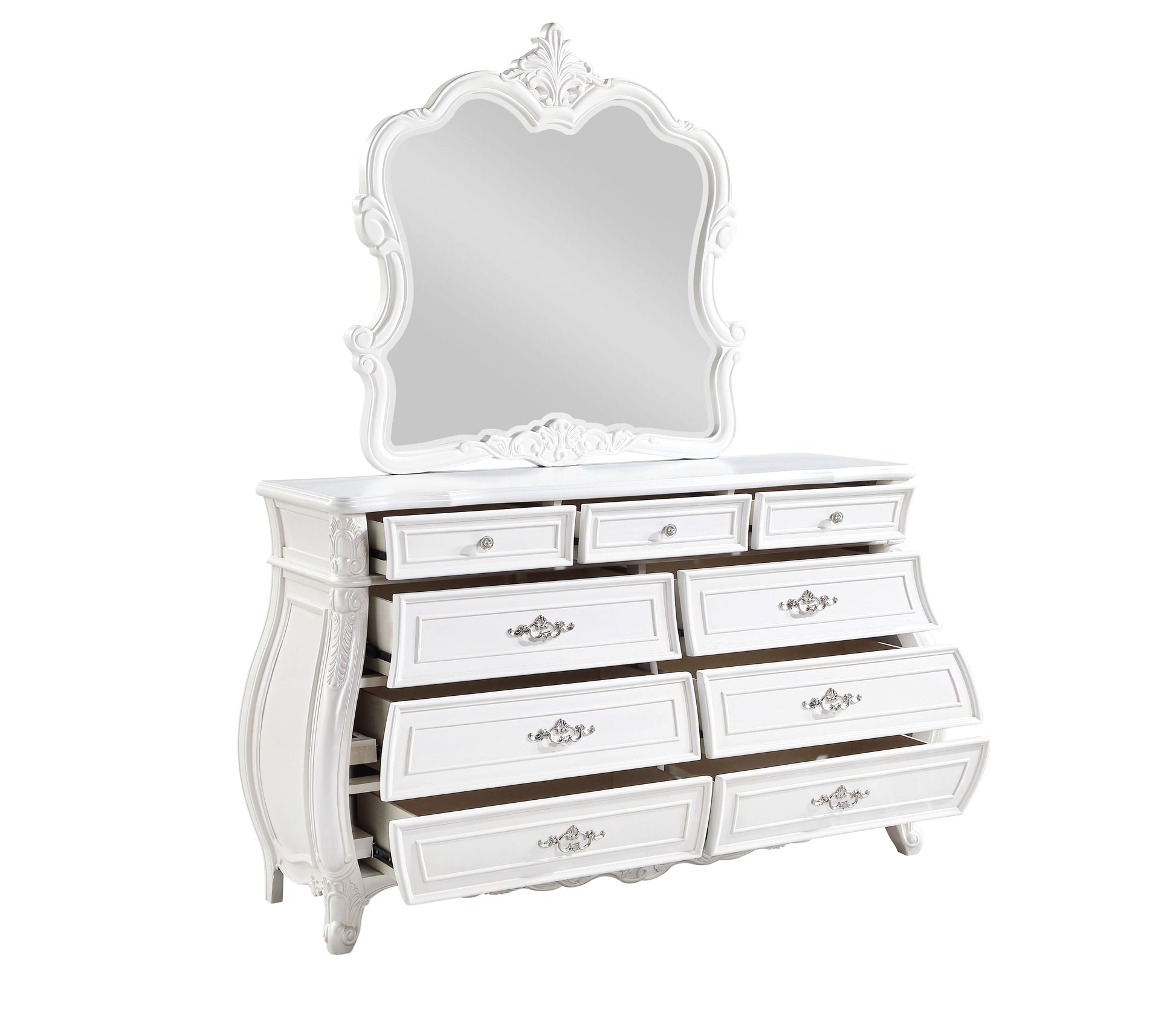 Elegant white dresser with ornate mirror and silver drawer pulls
