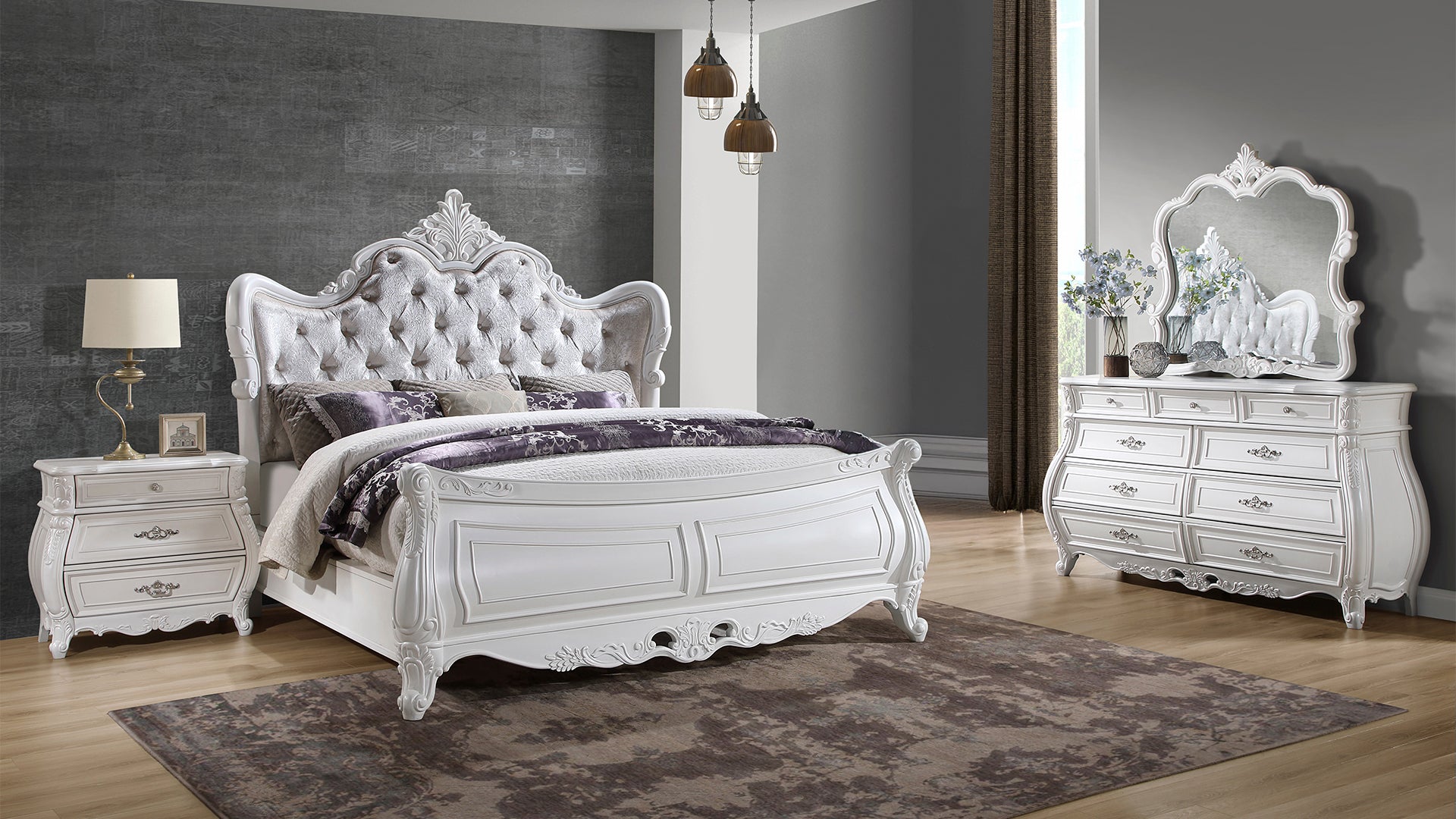 Elegant white upholstered tufted headboard king bed with ornate details for a luxurious bedroom