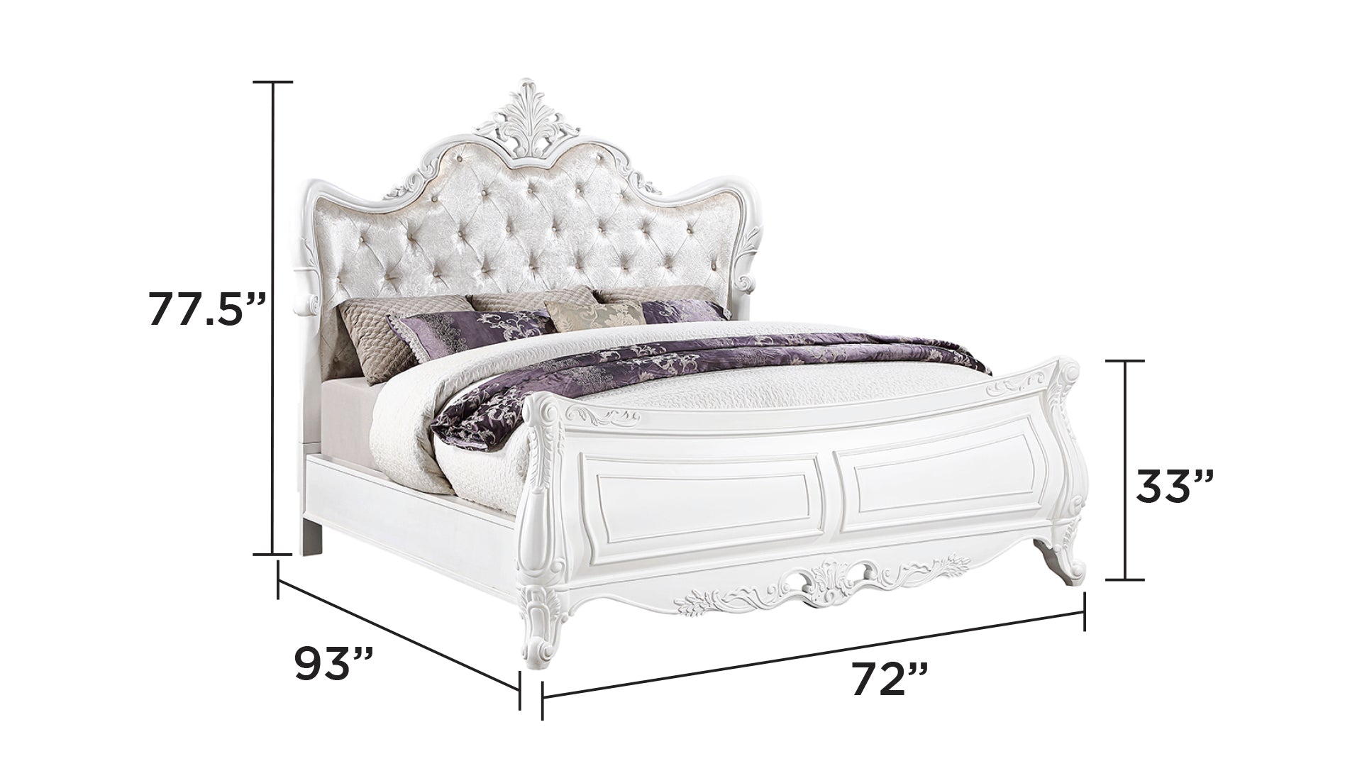 White tufted headboard queen bed frame with ornate carvings  wide