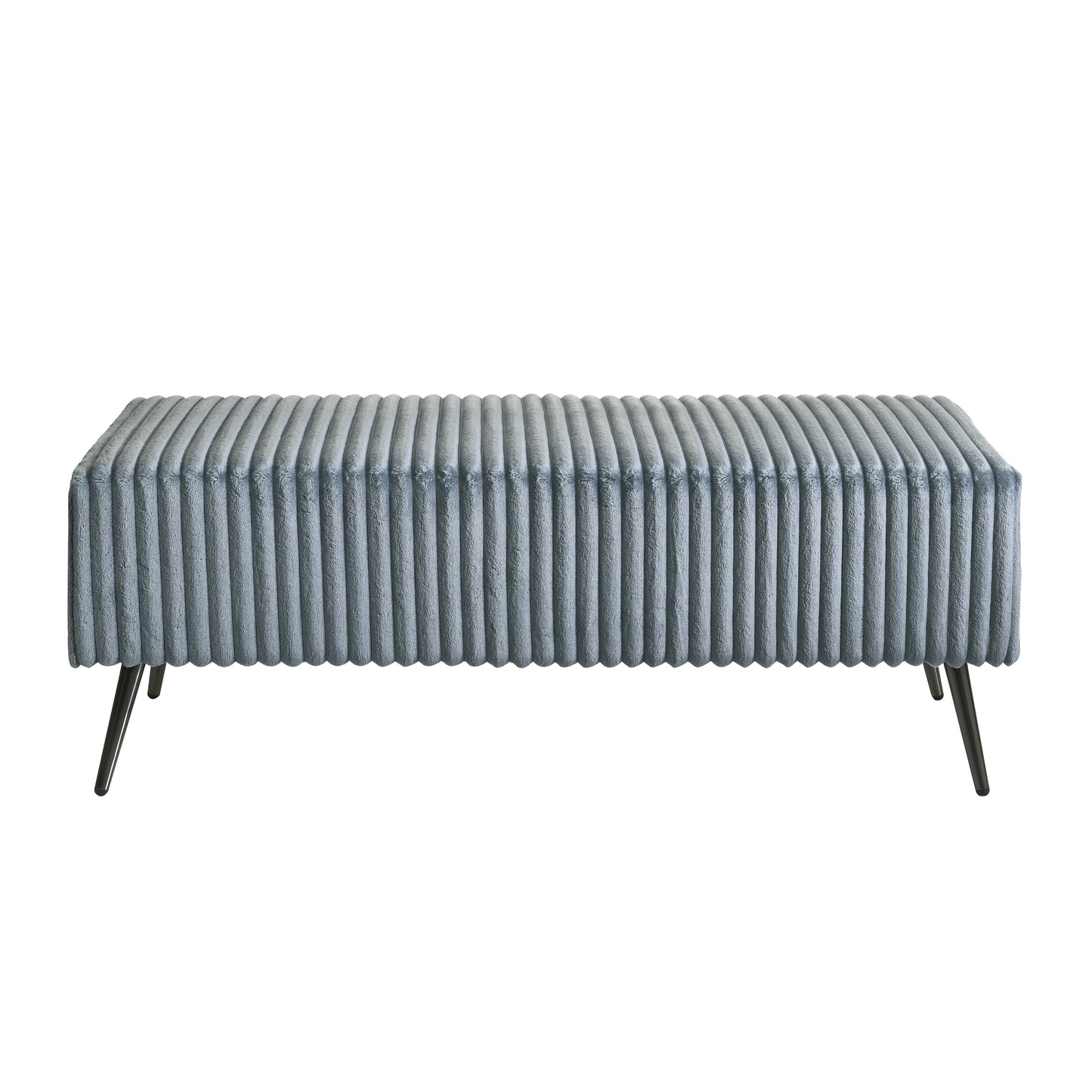 Plush grey corduroy bench with slender black legs perfect for modern living rooms
