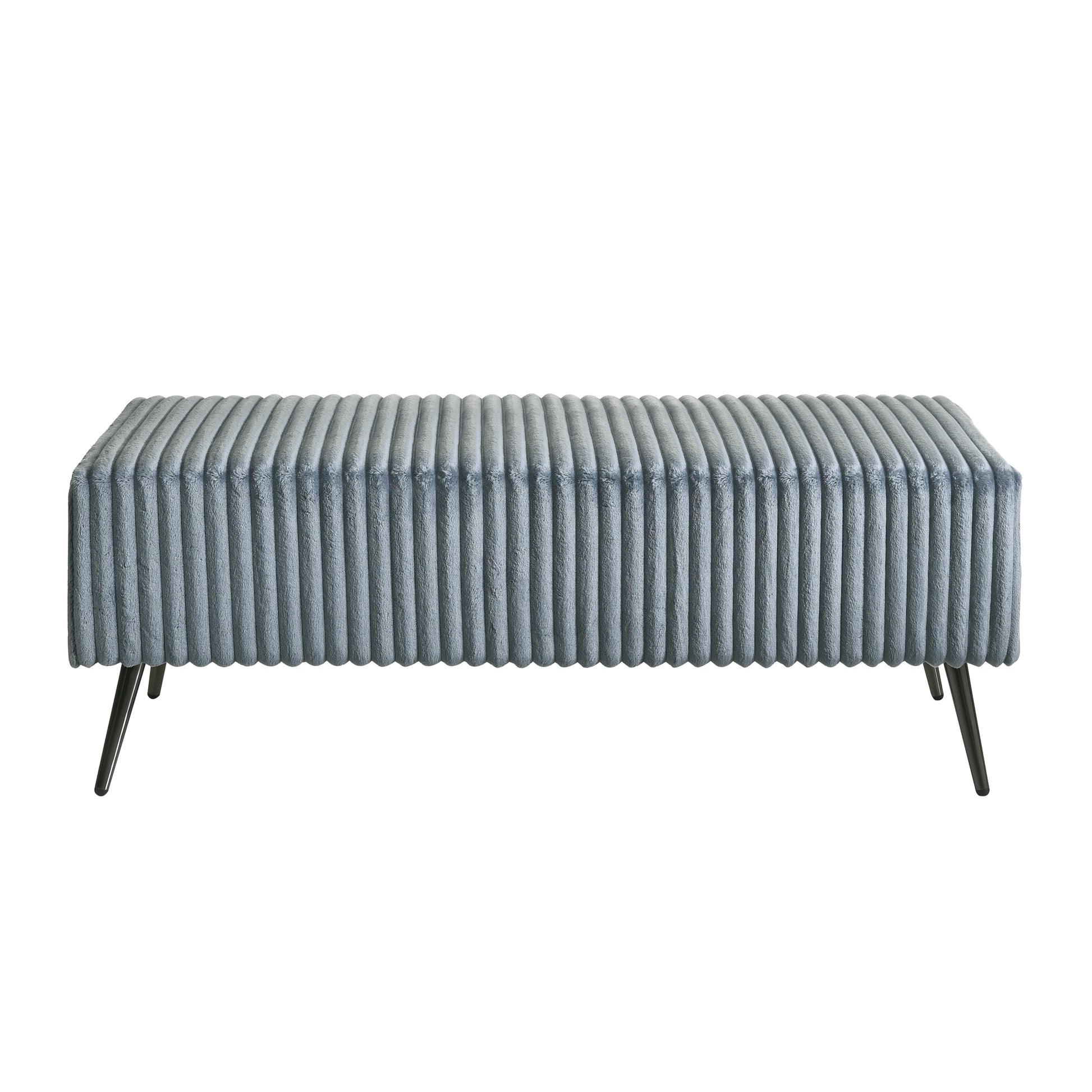 Plush grey corduroy bench with slender black legs perfect for modern living rooms