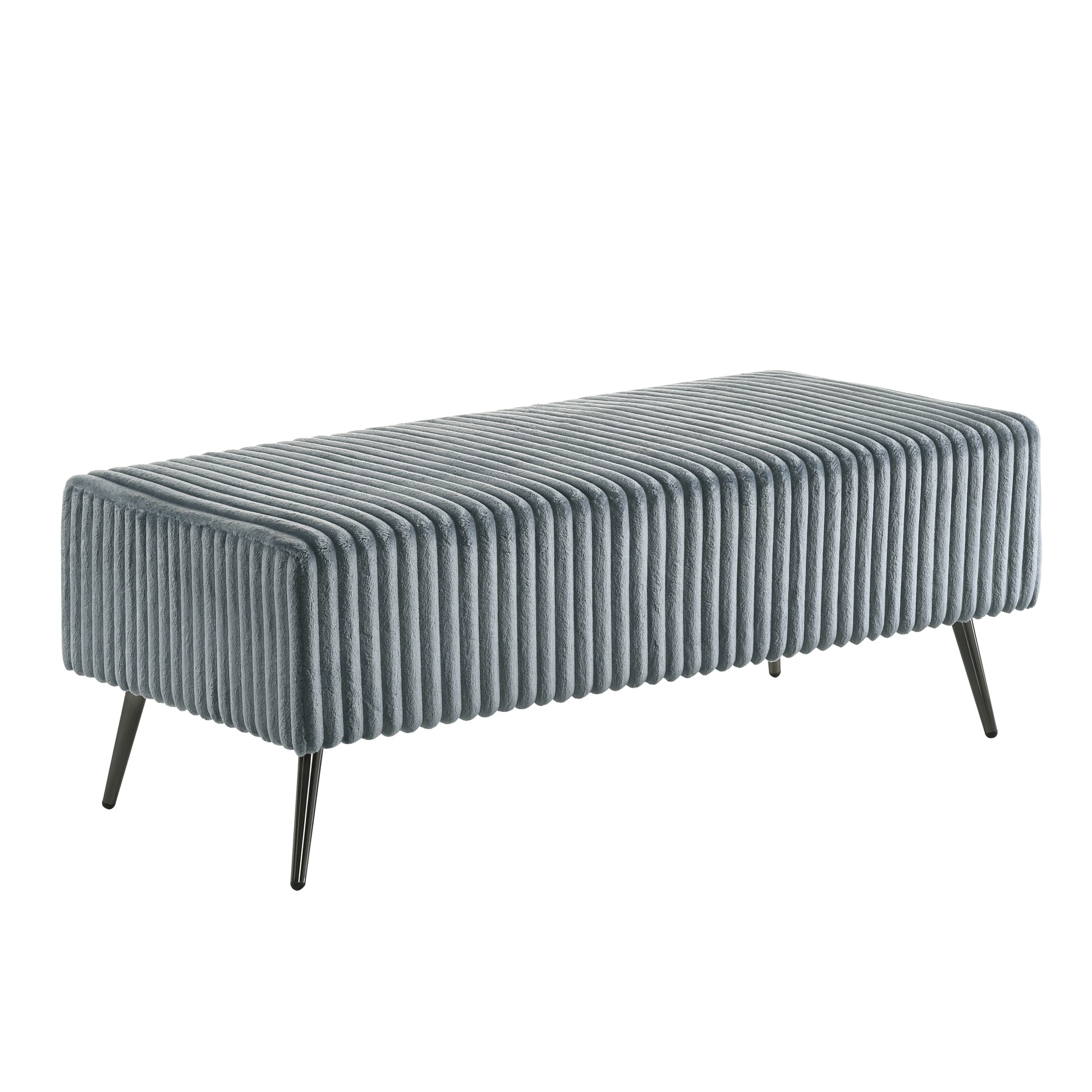 Soft grey velvet bench with vertical channel tufting and tapered black legs