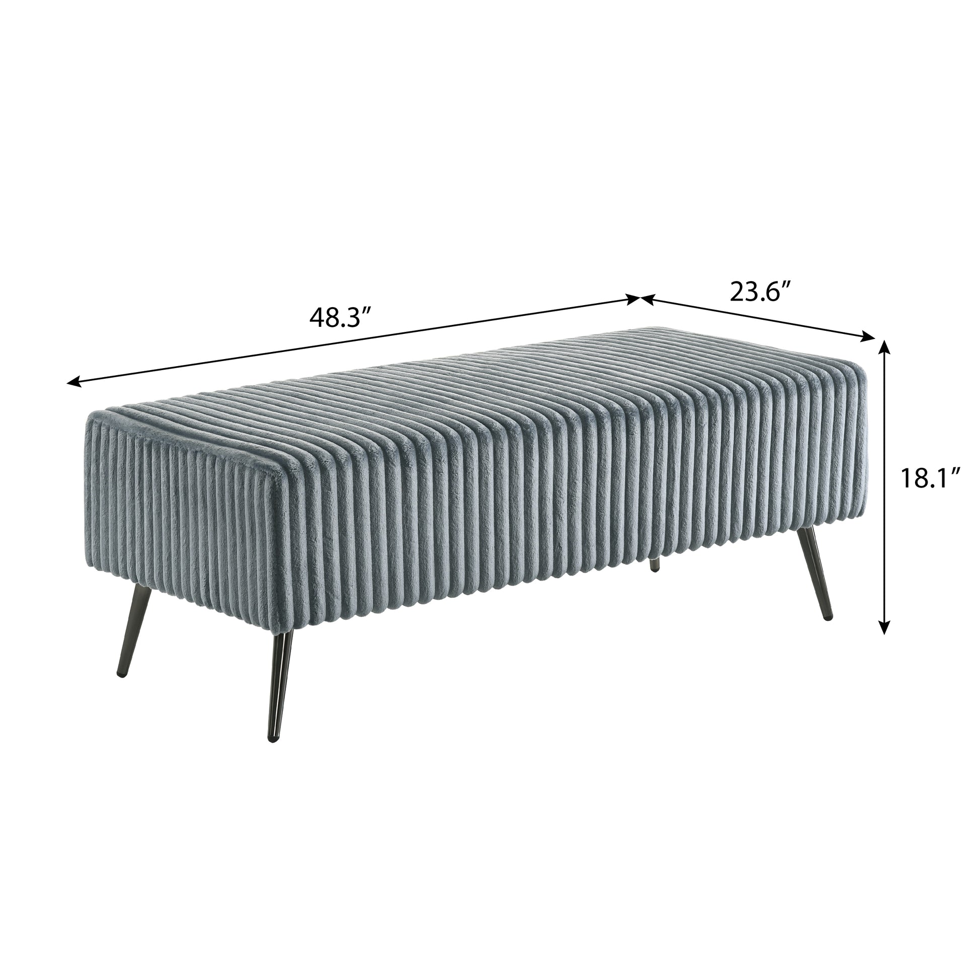 Plush grey velvet bench with vertical channel tufting and tapered metal legs modern accent furniture