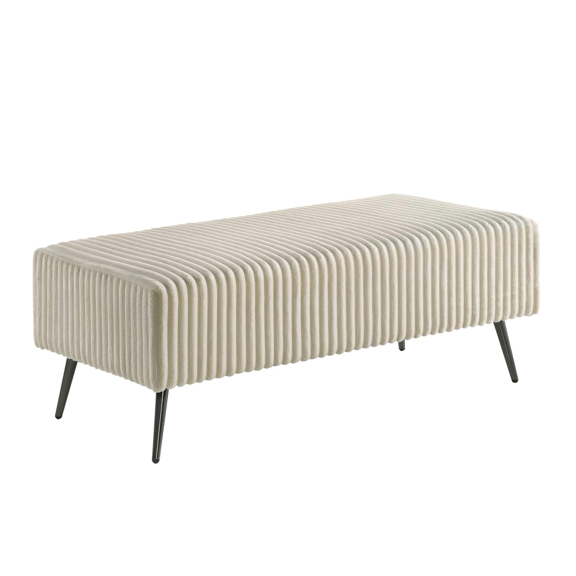 Cream corduroy bench with modern black metal legs adds a touch of comfort to entryways