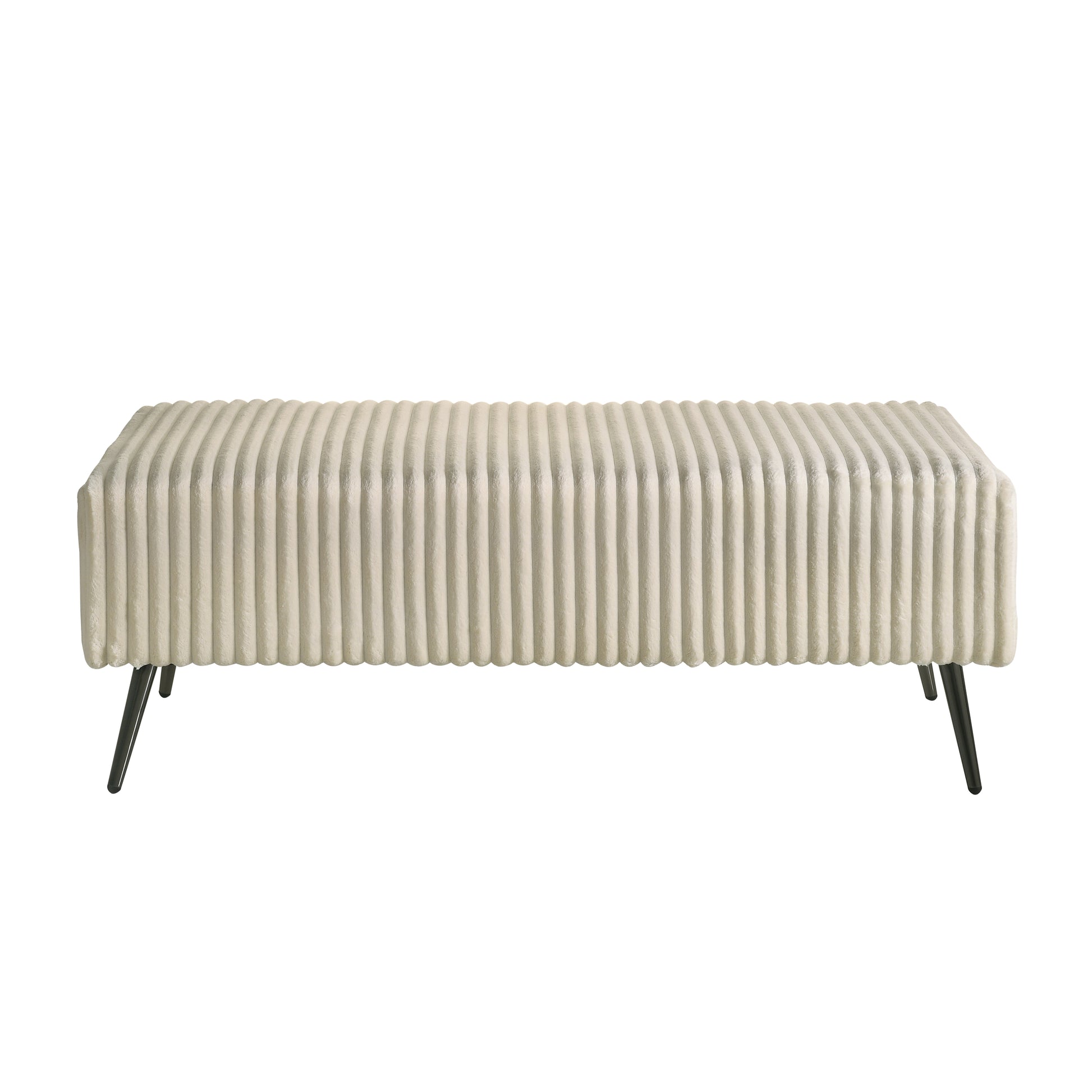 Cream boucle upholstered bench with vertical ribbed texture and thin metal legs
