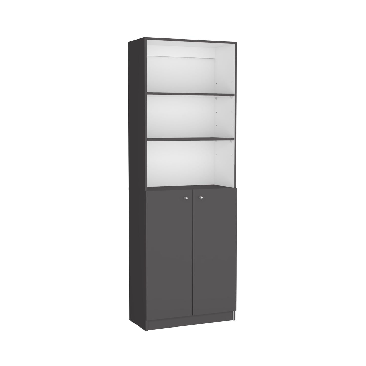 Tall dark gray bookcase with three open white shelves and two lower cabinet doors