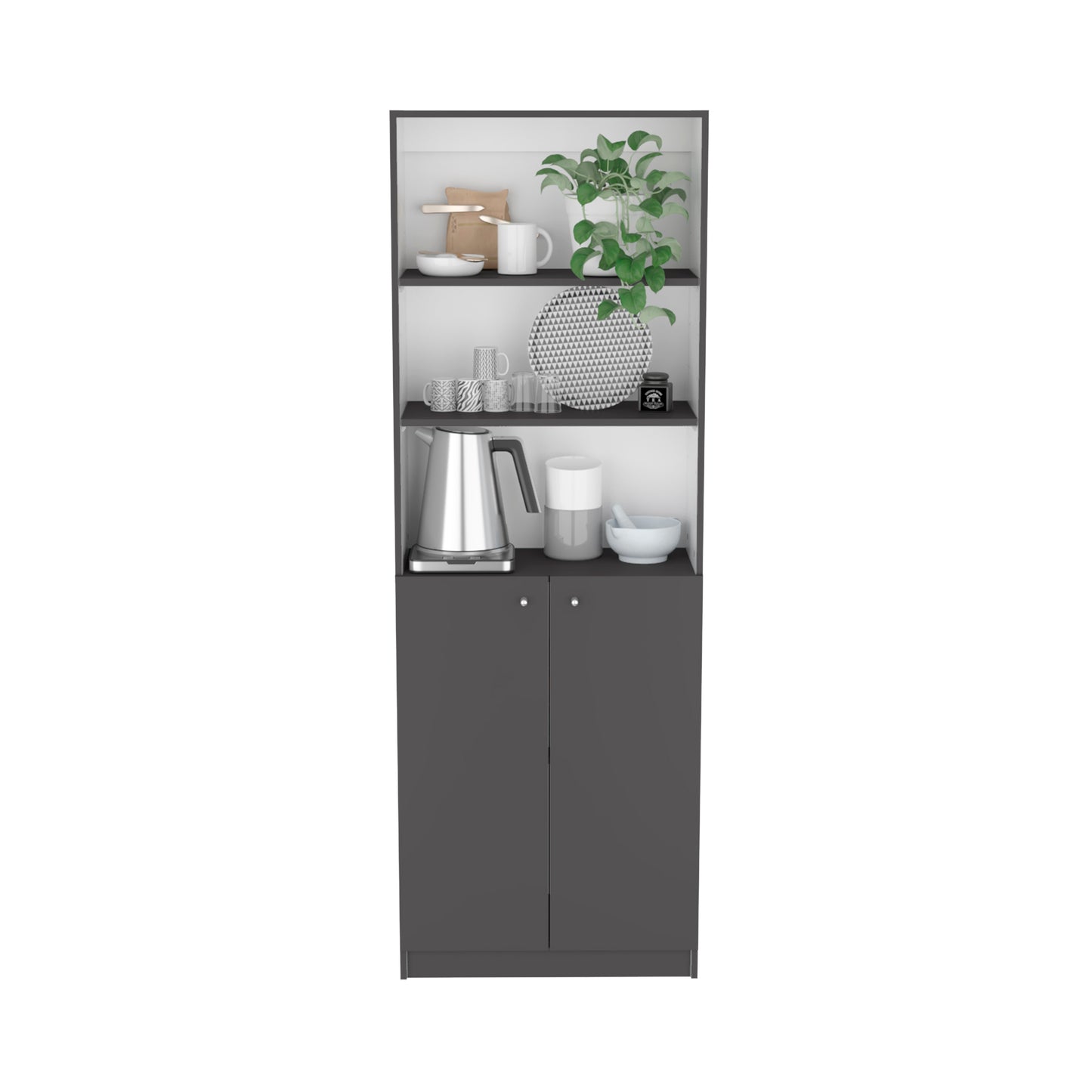 Sleek grey cabinet with open shelving displaying kitchenware and decor