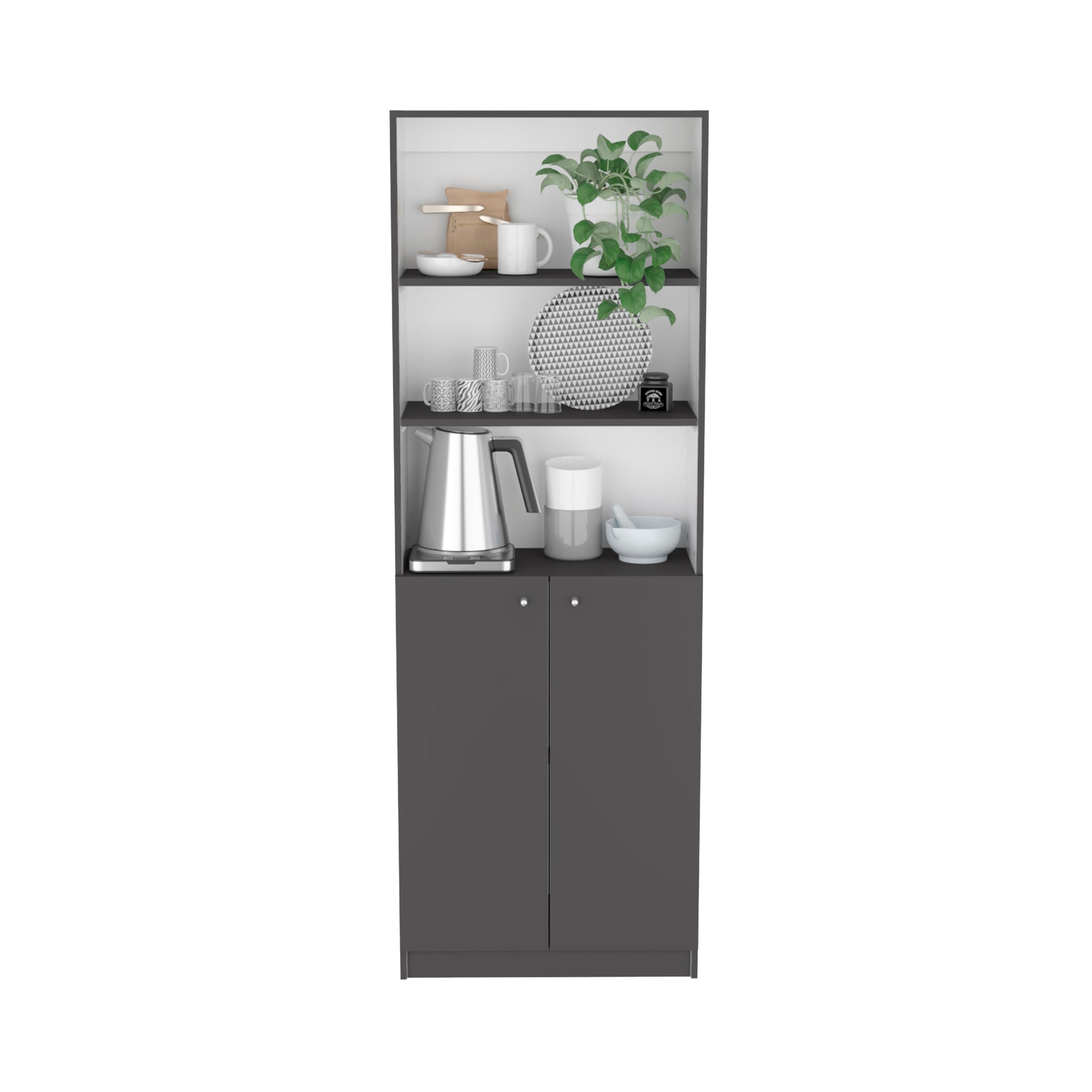 Sleek grey cabinet with open shelving displaying kitchenware and decor