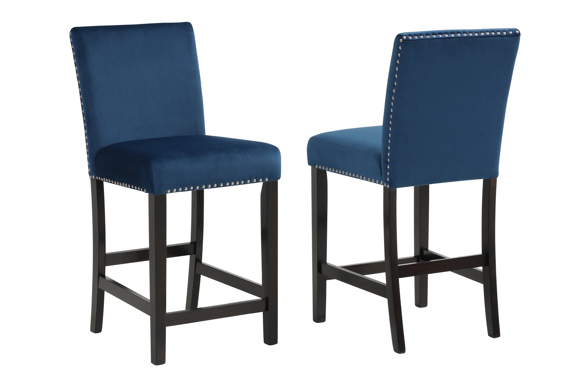 Two navy blue velvet bar stools with silver nailhead trim and dark wood legs