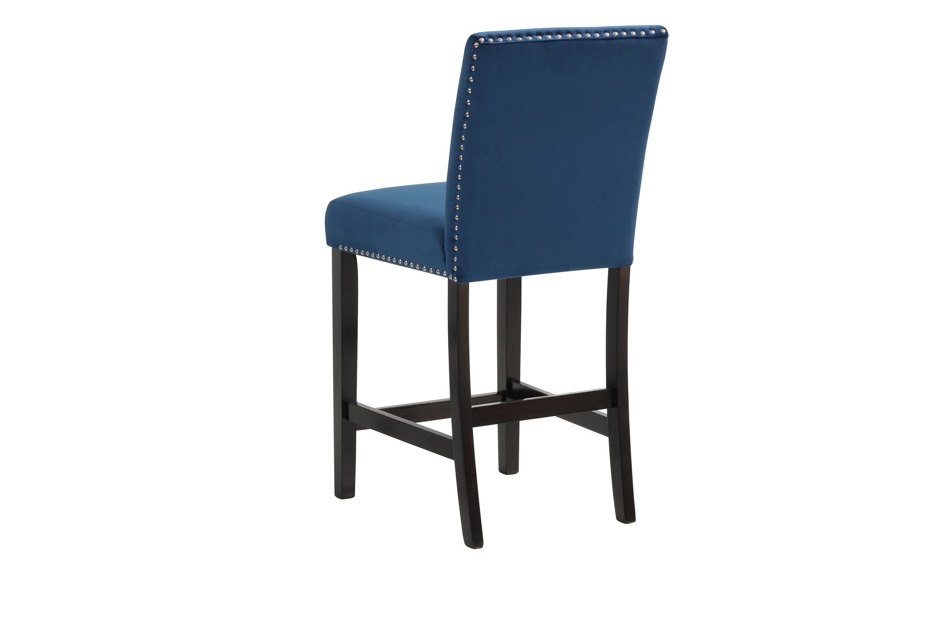 Navy blue velvet bar stool with silver nailhead trim and dark wood legs