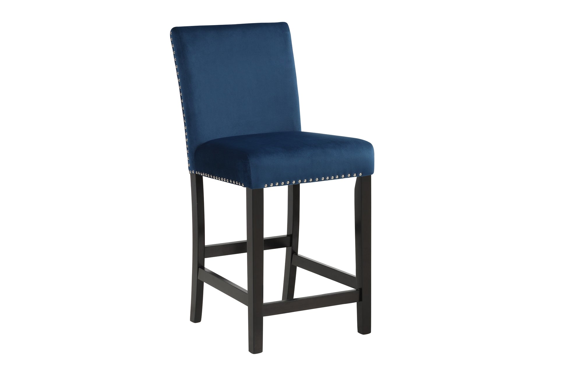 Navy blue velvet bar stool with silver nailhead trim and dark wood legs