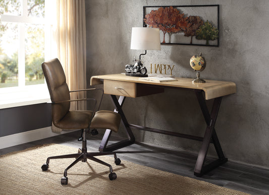 Tan leather executive desk chair with wheeled base perfect for a home office setting