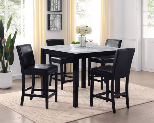 Black faux leather bar stools with dark wood legs seating four