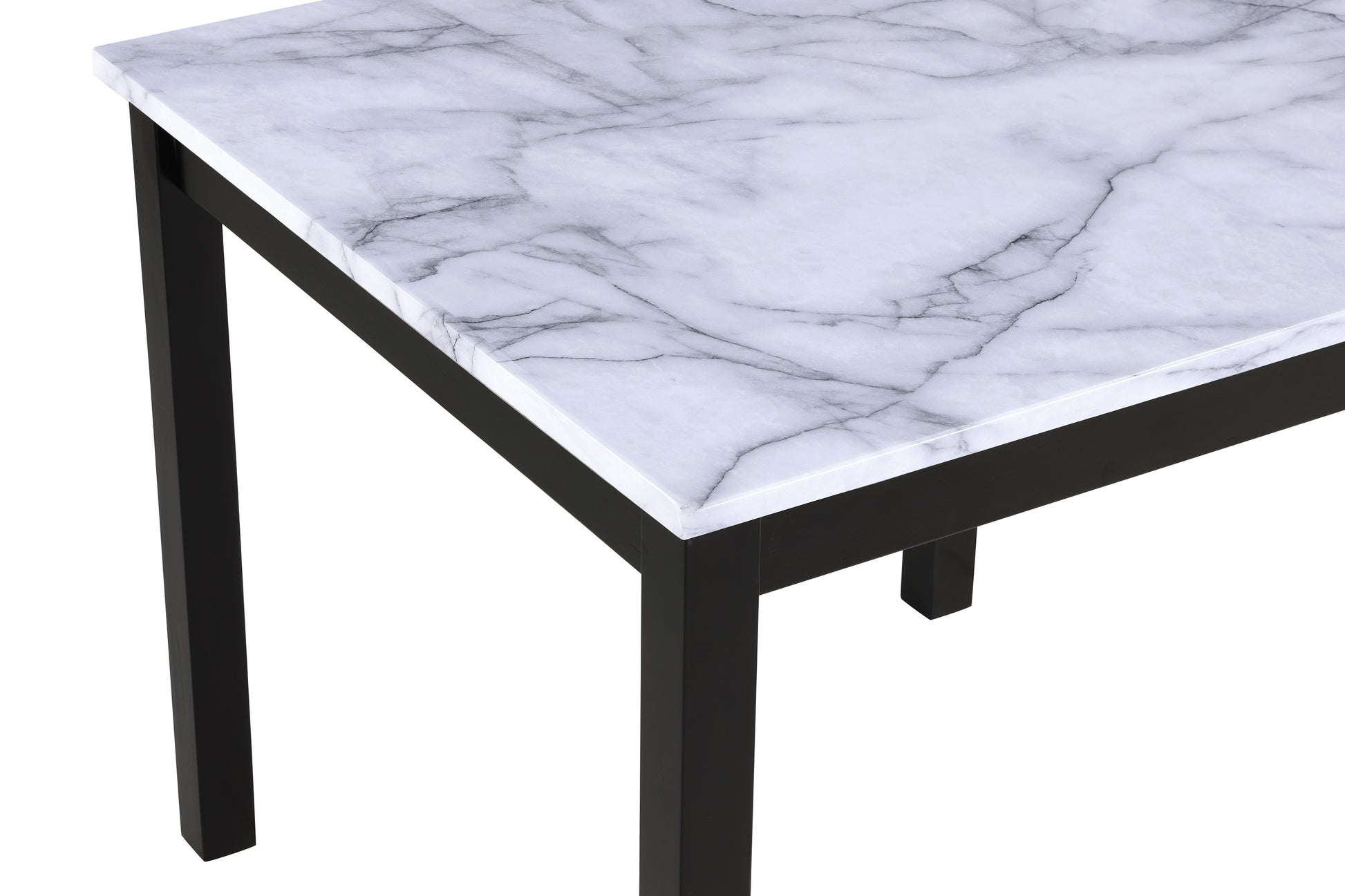 White marble top dining table with sleek black legs
