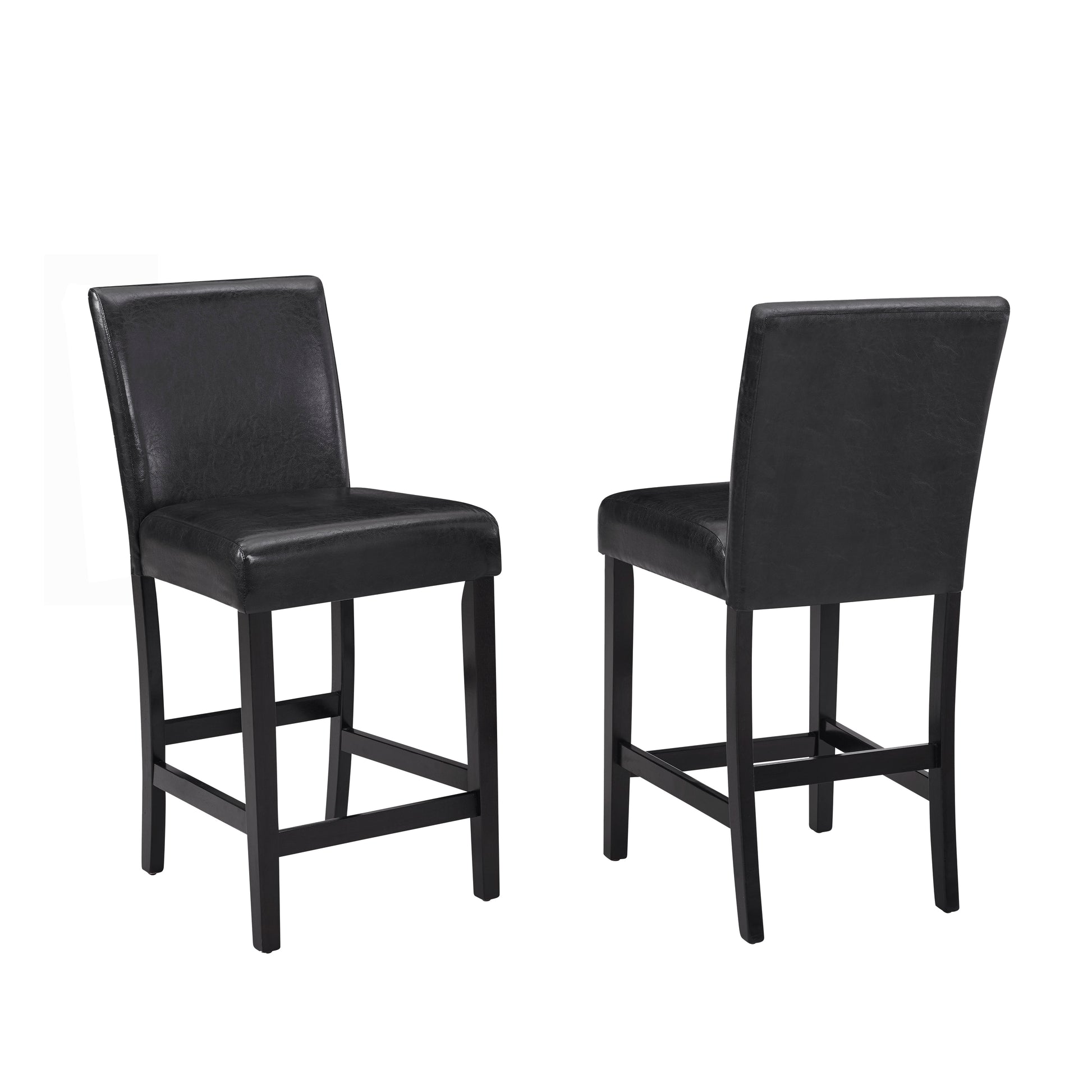 Two black faux leather bar stools with dark wood legs on a white background
