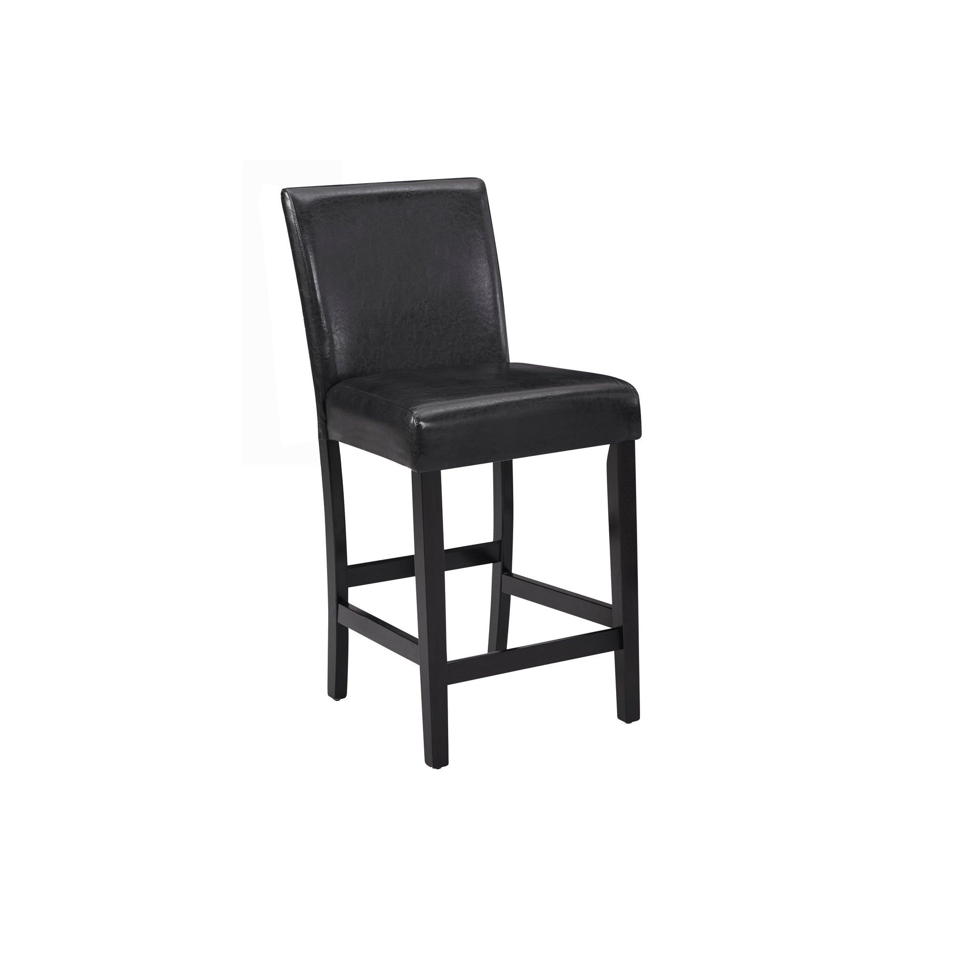 Black faux leather counter stool with dark wood legs and a comfortable seat