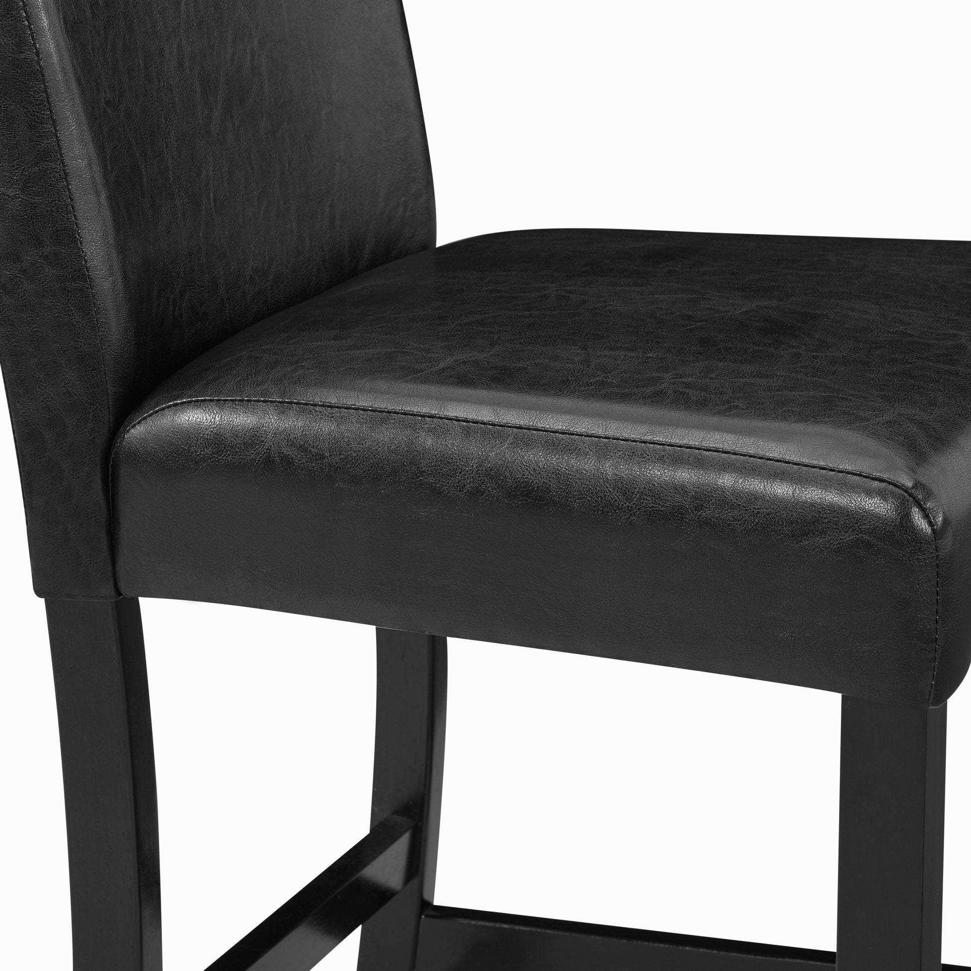 Black faux leather bar stool seat with stitched detailing and wooden legs