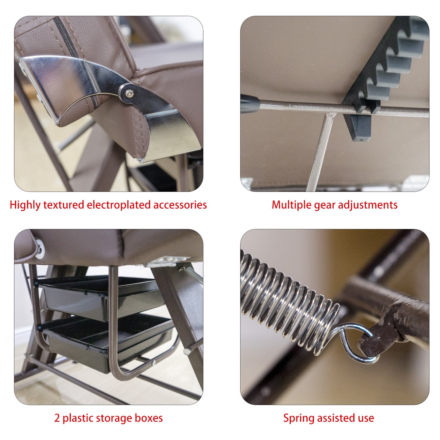 Closeup of textured electroplated metal accessory on a brown leather massage chair