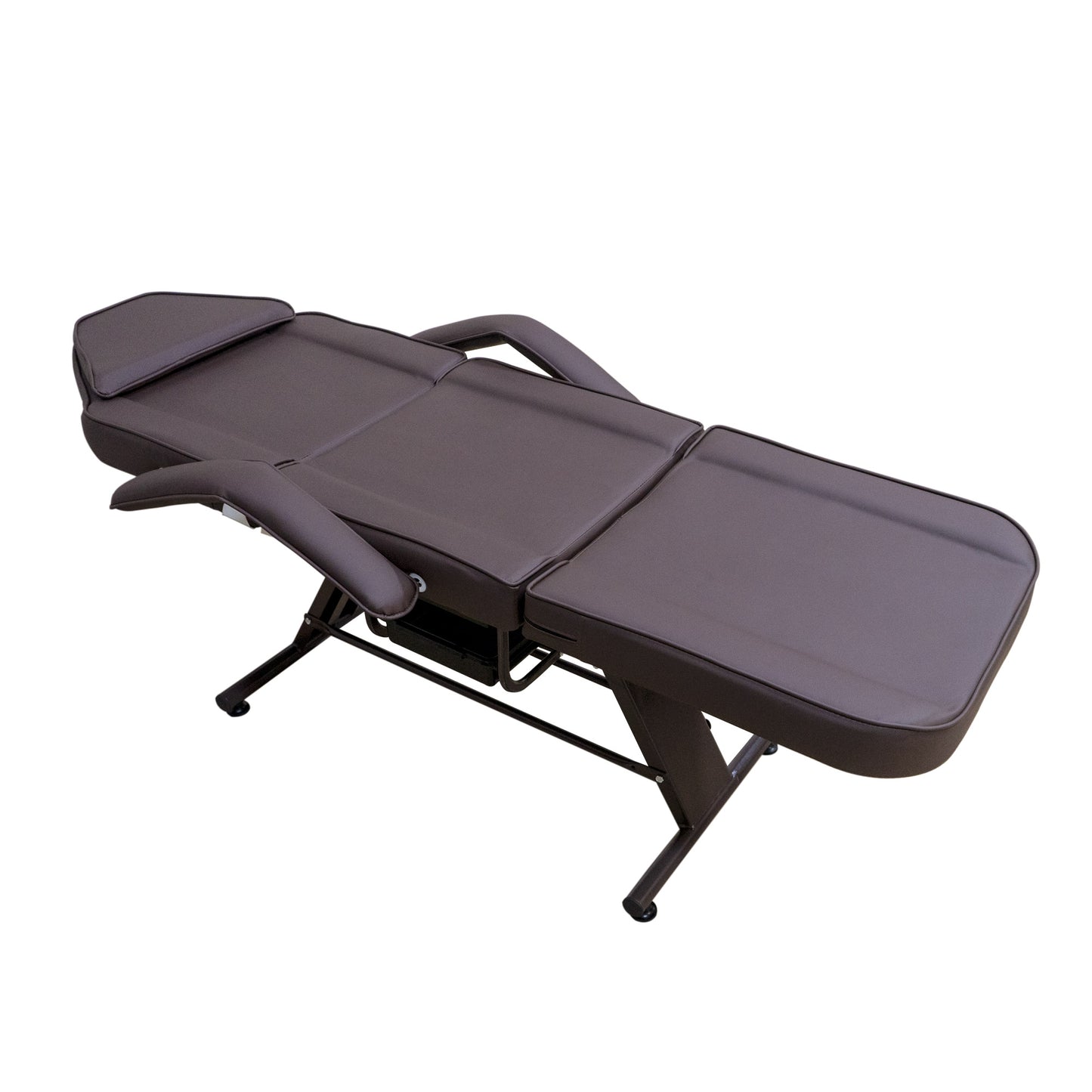 Brown adjustable massage table with padded headrest and armrests
