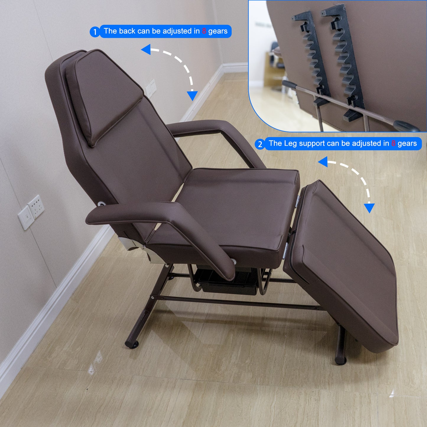 Brown reclining massage chair with adjustable back and leg support for spa treatments